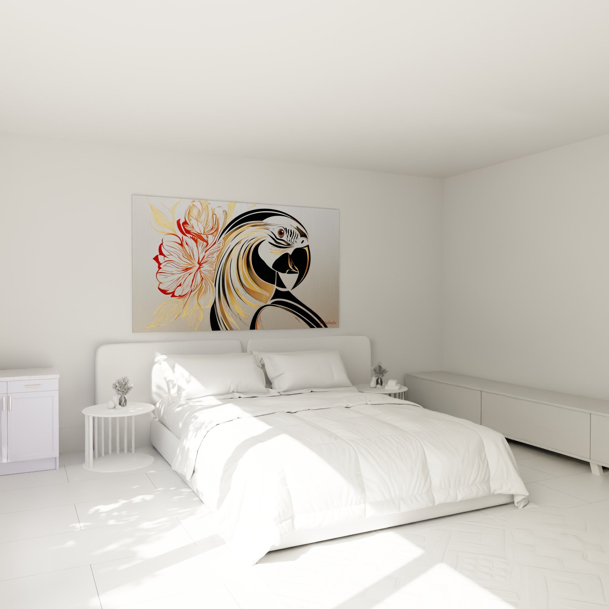 Oiseau graphique doré et noir orné d'une fleur rouge terracotta, accroché au-dessus d'un lit dans une chambre claire