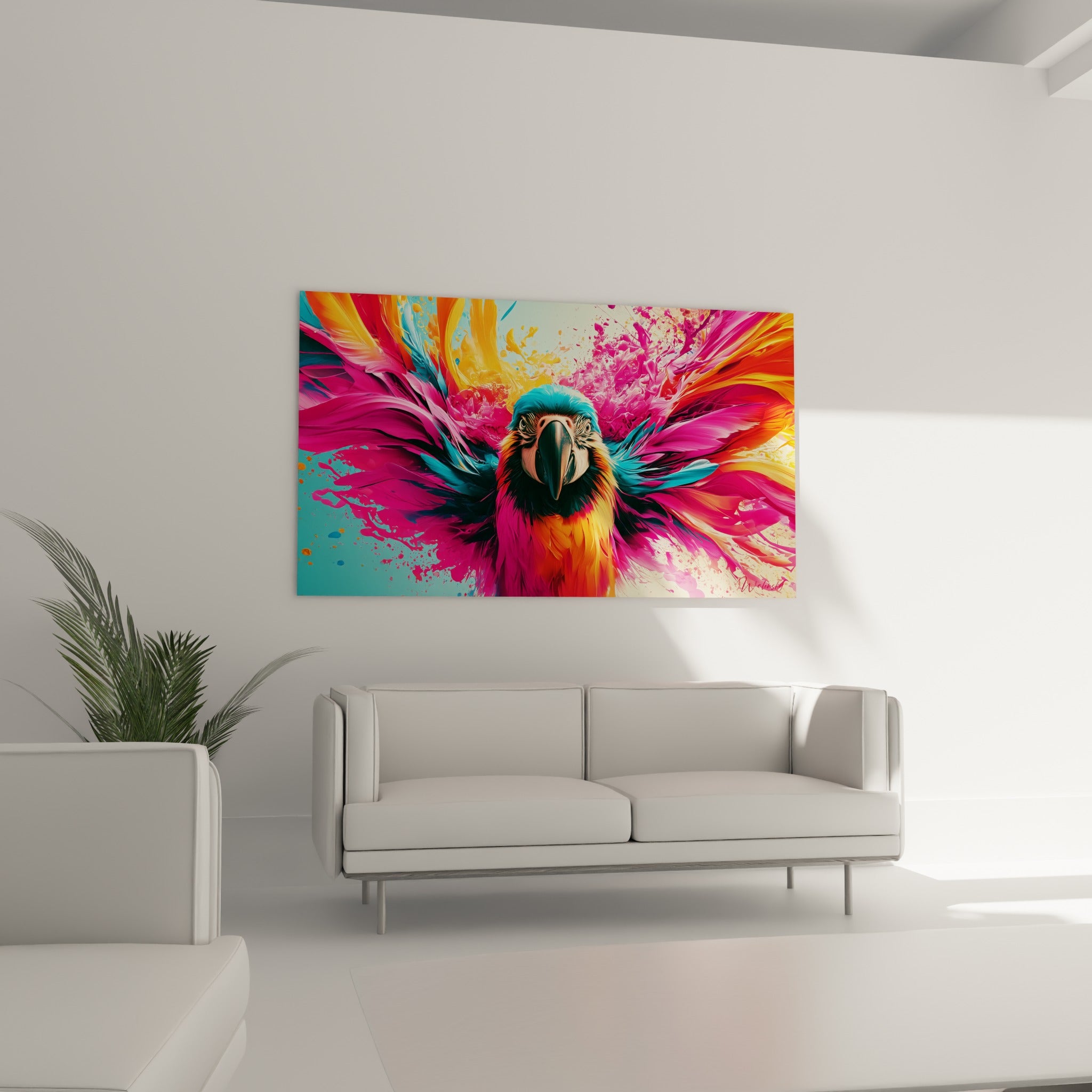 Oiseau tropical multicolore, plumage bleu turquoise et rose fuchsia, suspendu au-dessus d'un canapé dans un salon lumineux