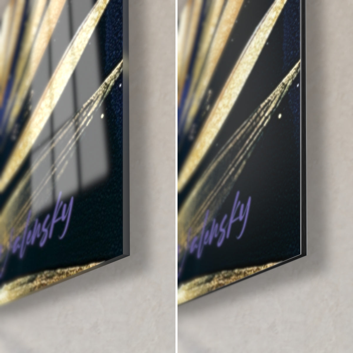 Tableau ara violet, tranche de 3 mm, coin bas droit : verre brillant à reflets, Dibond noir mat, signature mauve