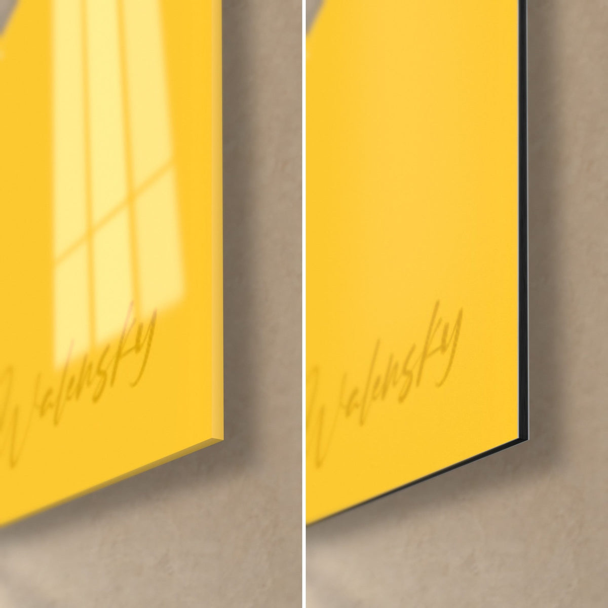 Obraz żółto-czerwonej papugi, prawy dolny róg: błyszczące szkło akrylowe z odbiciami okna, matowe czarne aluminium Dibond, krawędź 3 mm