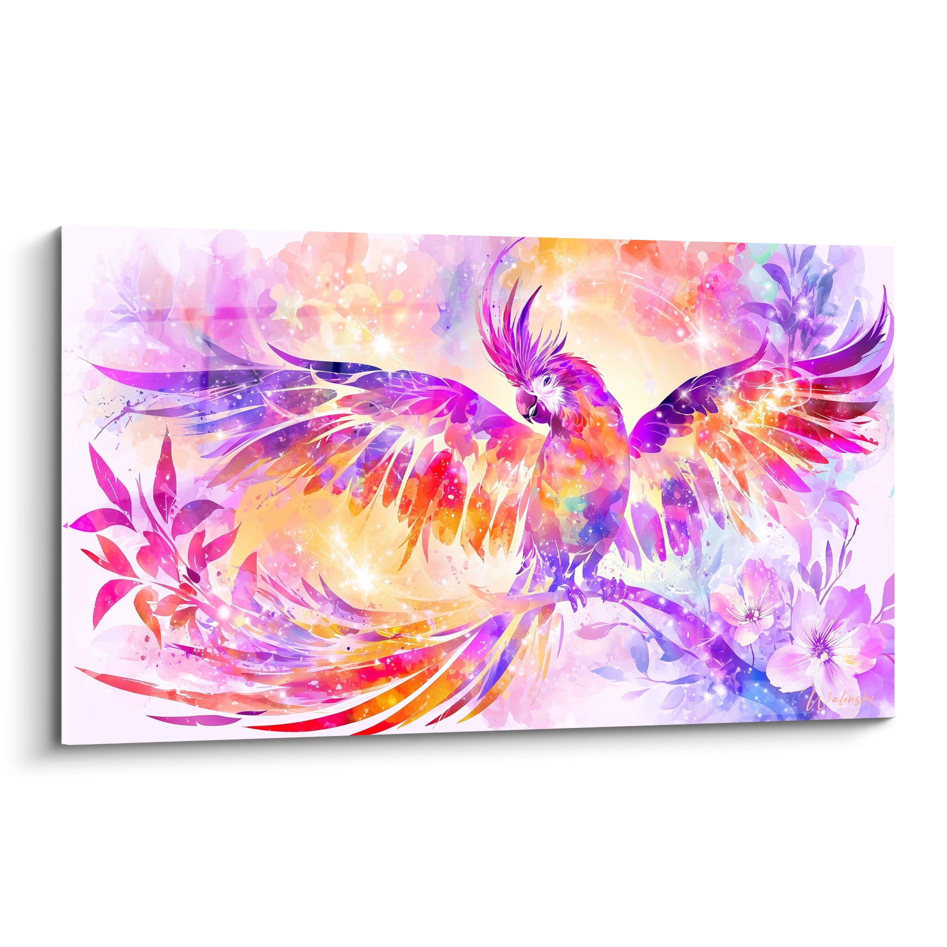 Cacatoès violet et orangé aux ailes largement déployées sur fond floral pastel scintillant