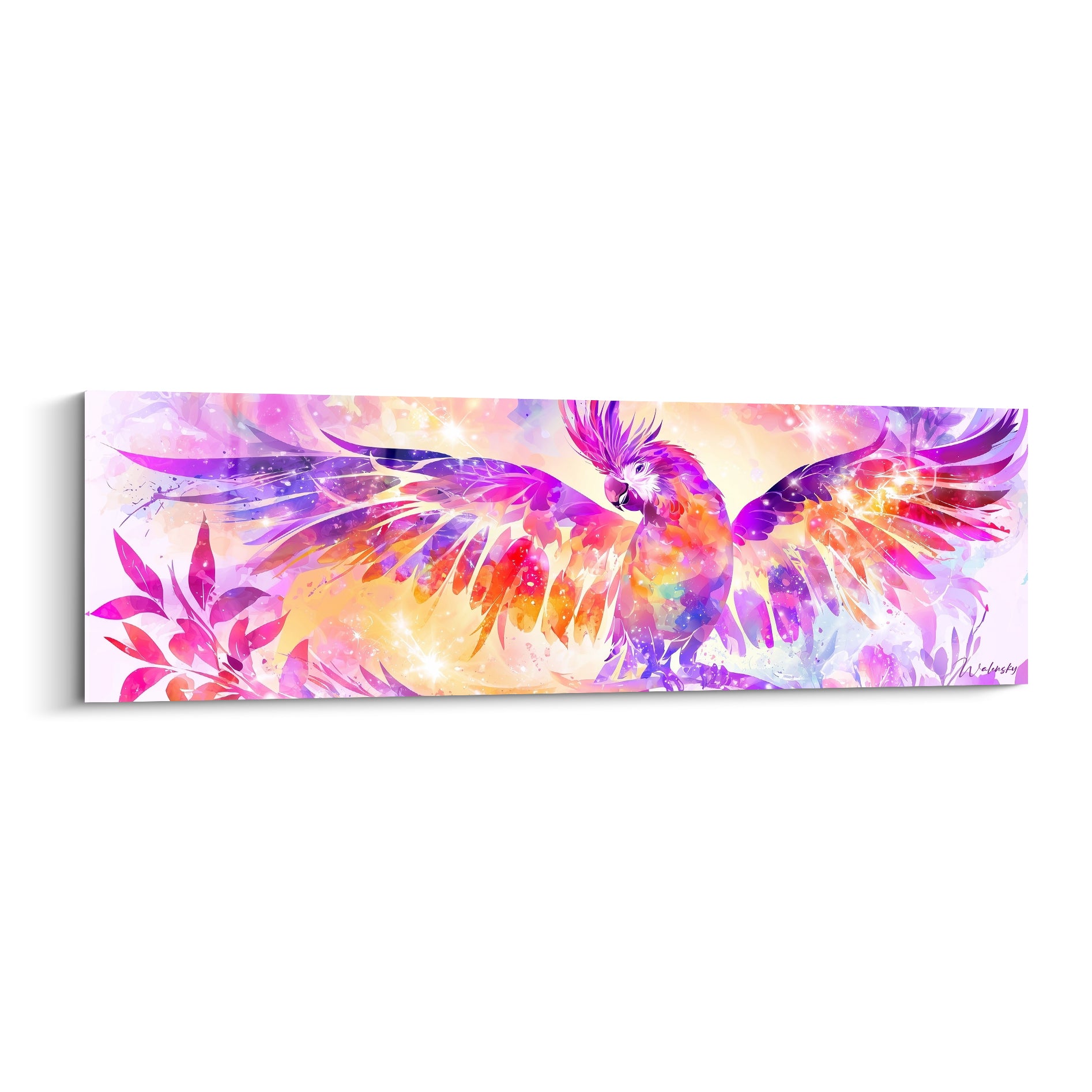 Perroquet violet et rose ailes déployées, plumage scintillant sur fond clair lumineux