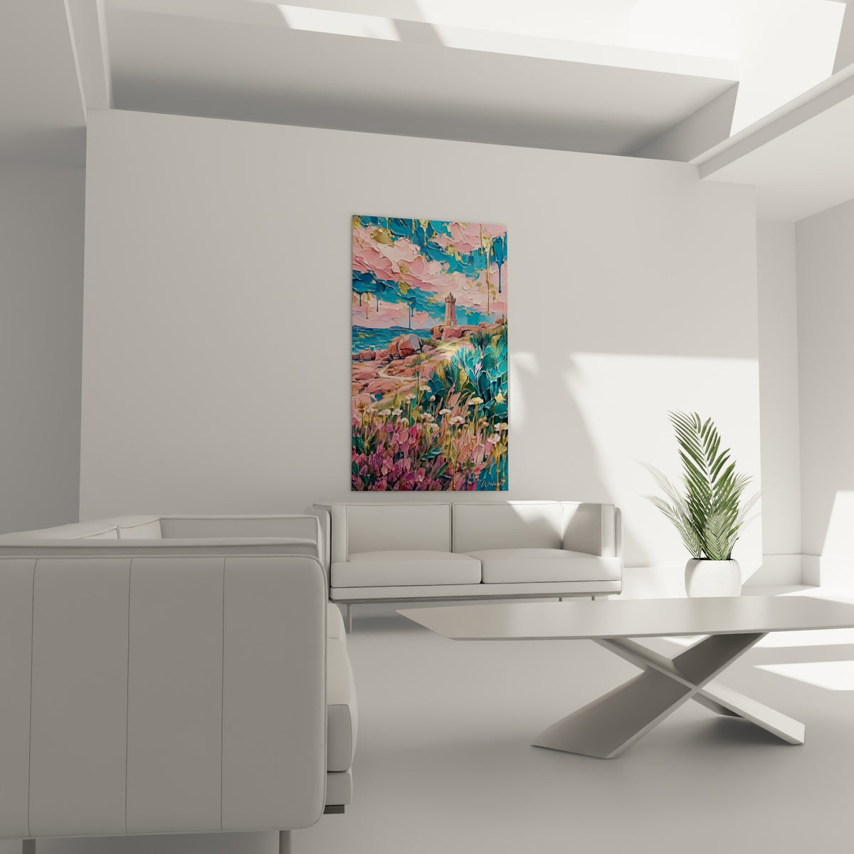 Rochers roses et phare sous ciel doré, scène de Perros-Guirec Bretagne France, au-dessus d'un canapé dans un salon lumineux