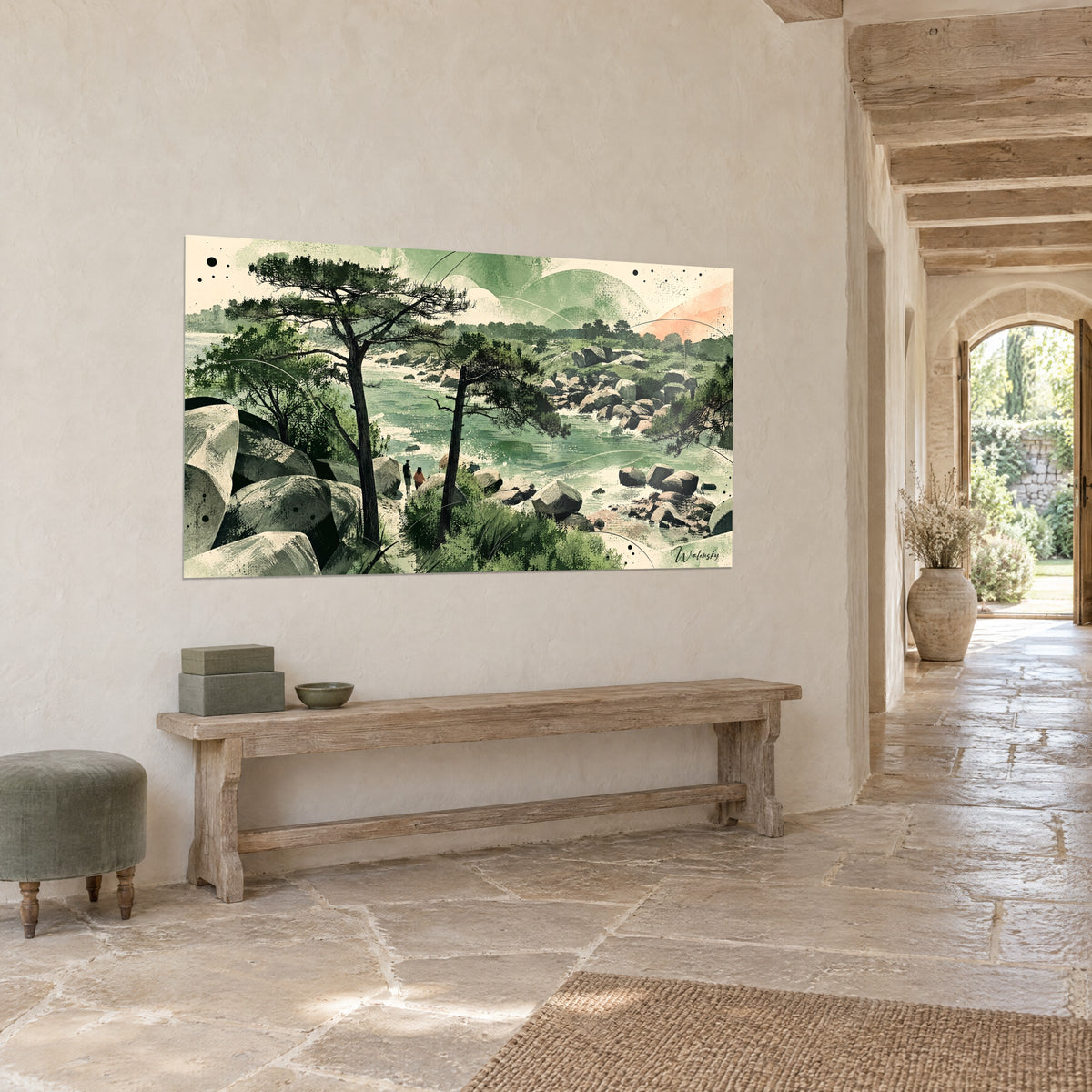 Tableau promenade littorale aux pins sombres, eau vert jade et blocs de granit clair, vue de trois-quarts, couloir en pierre de maison de campagne