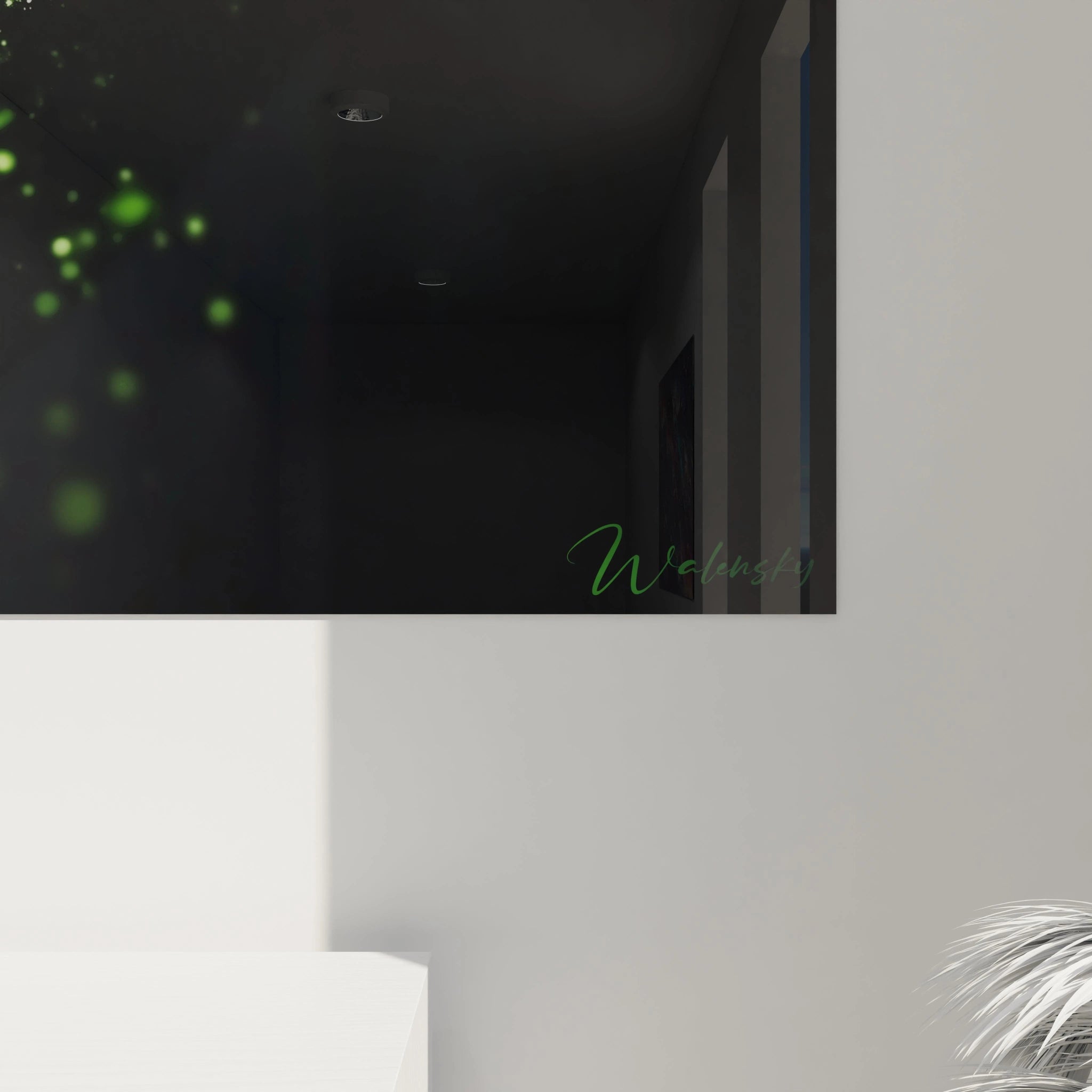 Tableau perruche présentant l'oiseau exotique en position de vol, sur fond noir absorbant. Les teintes de vert lime, émeraude et turquoise dominent la composition, avec des effets de particules brillantes créant une atmosphère magique autour du sujet.