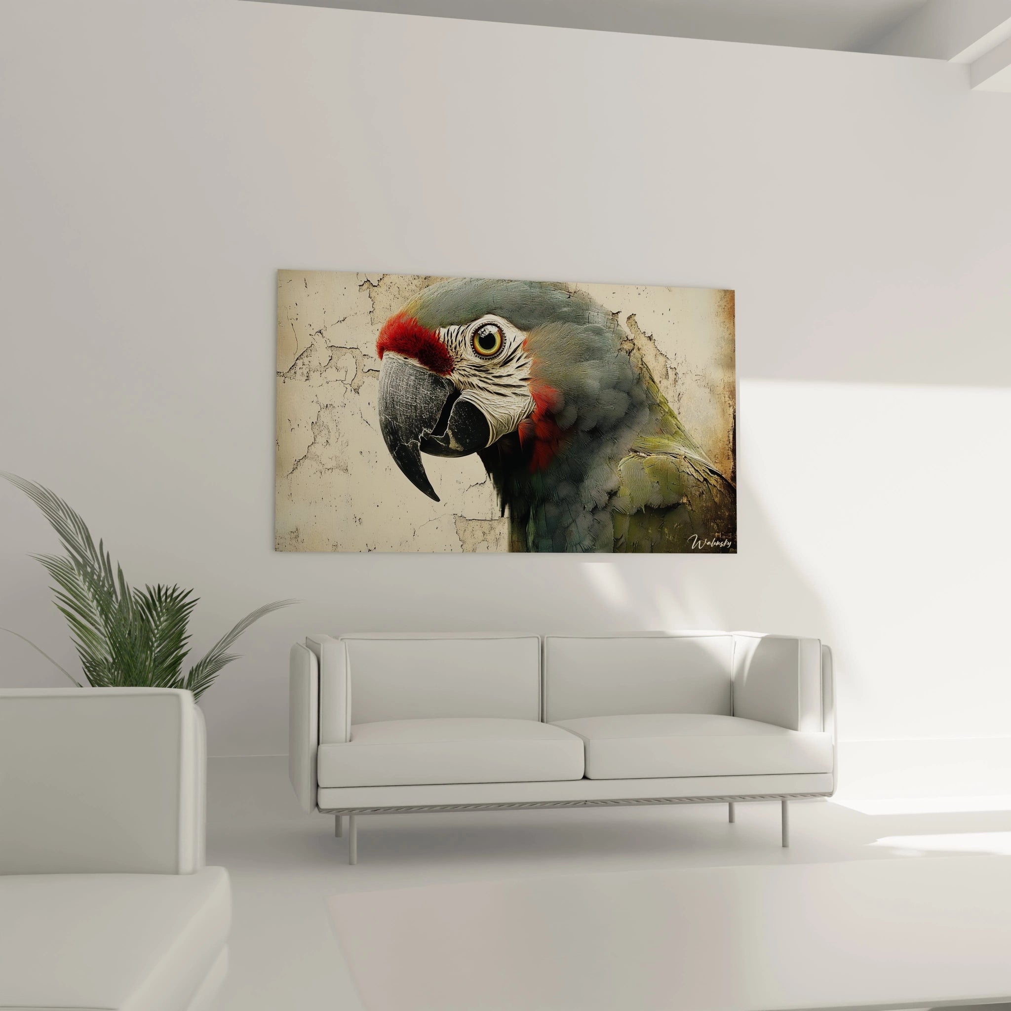 Un tableau perruche présentant un ara en profil, dominé par des teintes grises, rouges et noires. Détails précis des plumes faciales blanches, œil rond lumineux et bec courbe imposant sur fond texturé beige aux fissures apparentes.