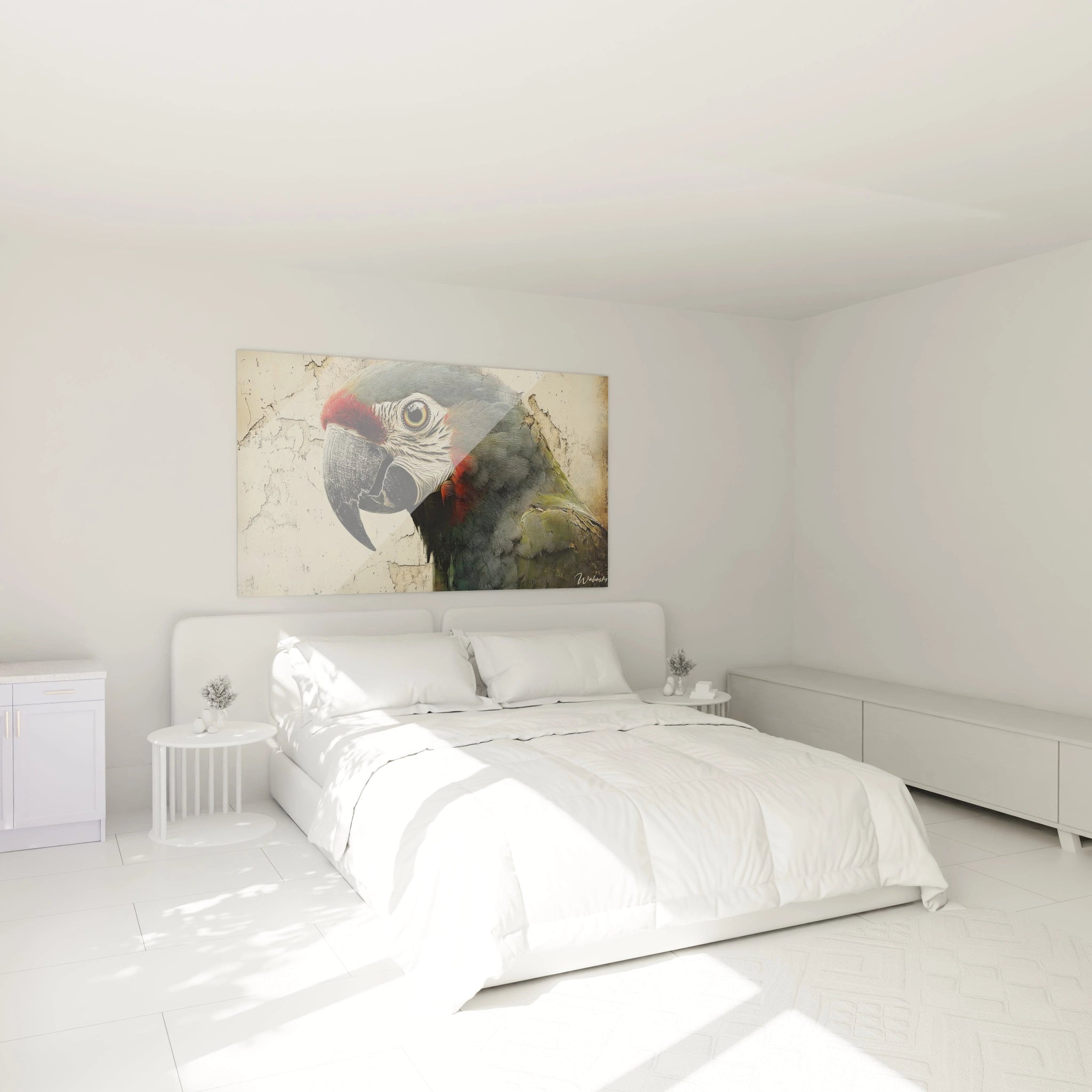 Un tableau perruche montrant la tête d'un perroquet aux plumes grises, rouges et blanches. Bec noir proéminent et œil au iris jaune-vert brillant. Surface texturée avec traits fins imitant les plumes sur arrière-plan beige vieilli.