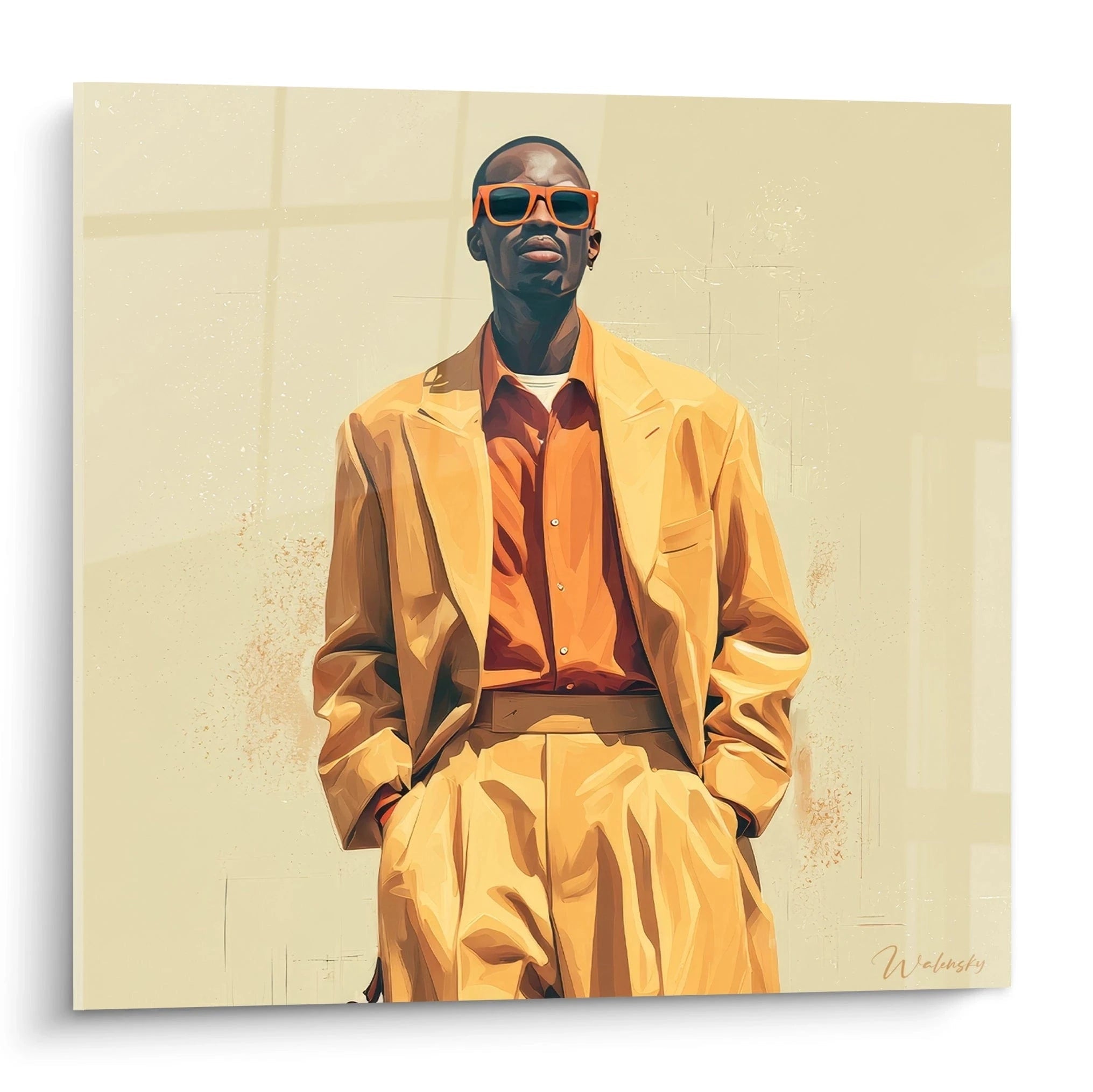 Tableau mural personnage chic de Walensky en costume jaune avec lunettes de soleil stylées