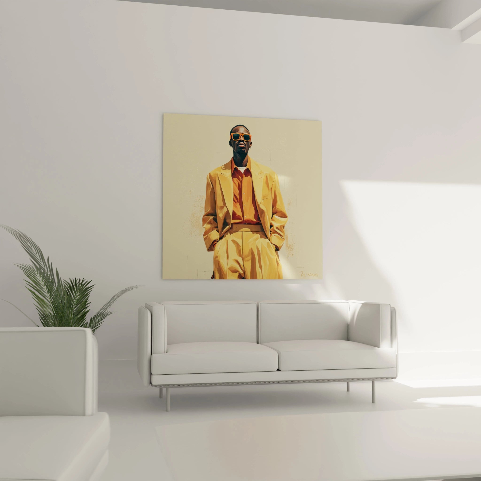 Tableau personnage chic de Walensky représentant un homme en costume élégant sur un mur moderne