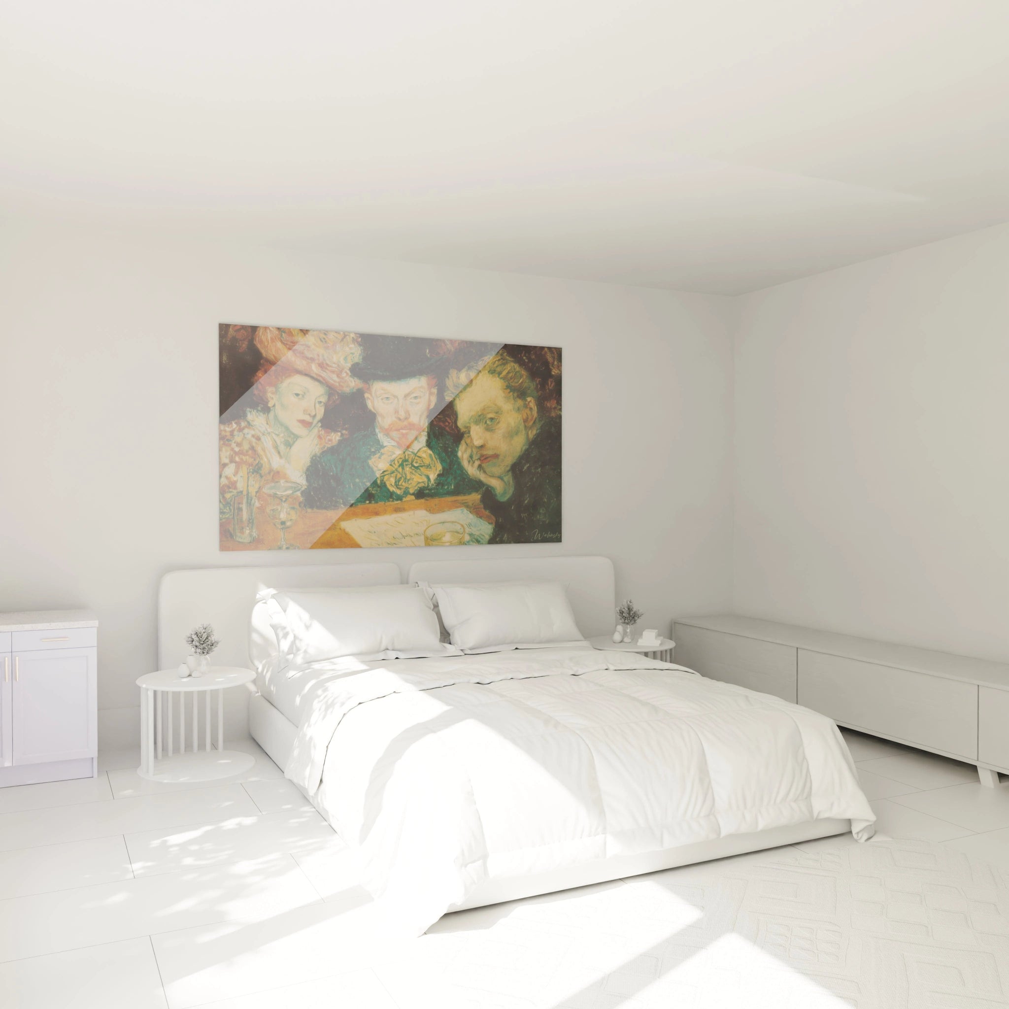 tableau post impressionnisme personnages Walensky accroche au dessus d un lit blanc minimaliste pour chambre moderne