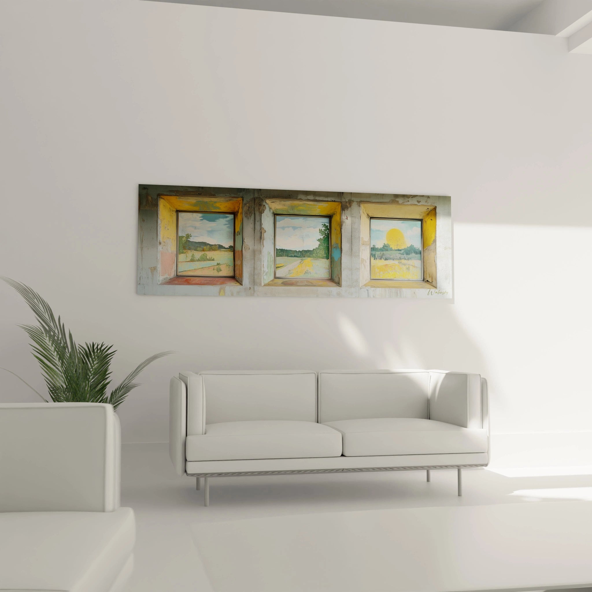 Tableau triptyque aux cadres patinés jaune et gris montrant l'évolution d'un paysage rural à différentes heures, avec des champs, des arbres et un soleil couchant doré dans le panneau droit, créant une narrative visuelle chronologique.