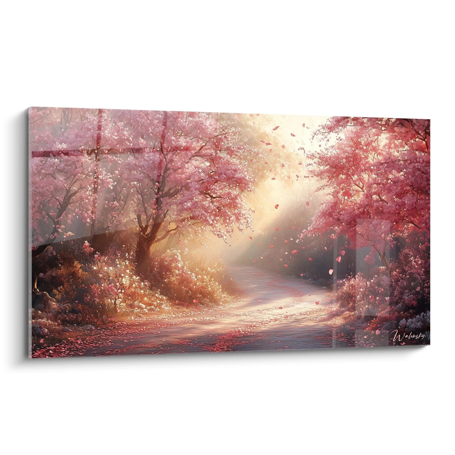 Un tableau forêt représentant un chemin bordé de cerisiers en fleurs aux teintes roses, baigné par une lumière dorée matinale qui filtre à travers les branches, créant une atmosphère féerique où des pétales virevoltent dans l'air.
