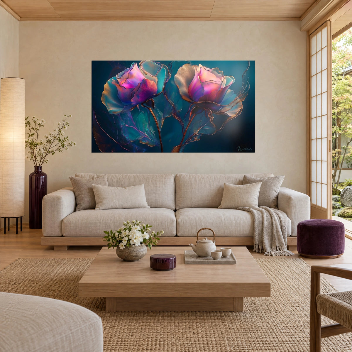 Cuadro de dos rosas translúcidas con pétalos fucsia y turquesa, contornos cobrizos, fondo azul noche, encima de un sofá en un salón luminoso