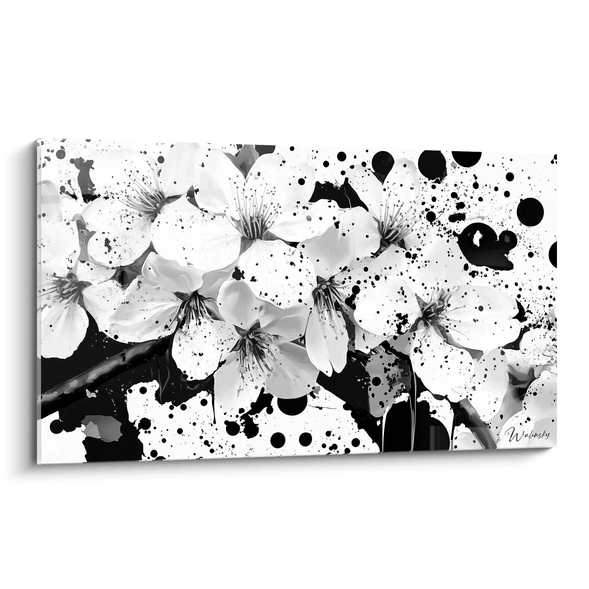 Tableau tacheté noir et blanc de fleurs blanche par Walensky pour une décoration artistique moderne