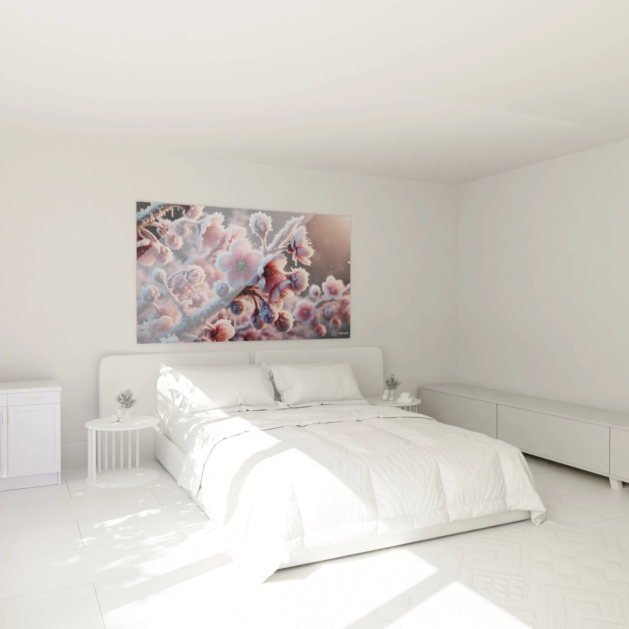 Transformez votre chambre avec ce tableau hiver, accroché au-dessus de votre lit. La délicatesse des fleurs givrés apportera une touche poétique à votre espace.