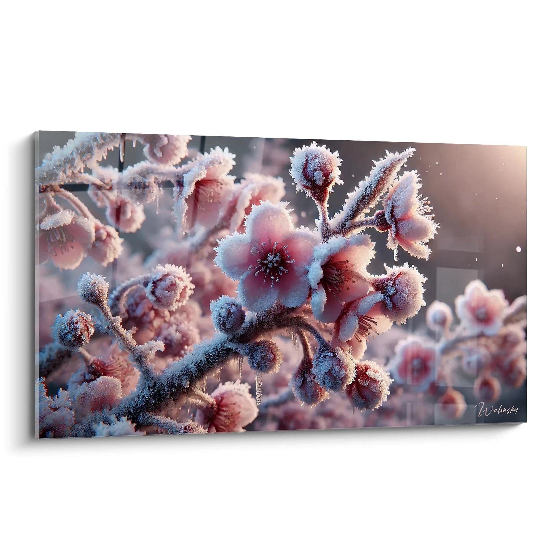Découvrez le tableau hiver, une œuvre captivante qui révèle la beauté éphémère des fleurs sous le gel. Un mélange de teintes roses et de reflets glacés qui émerveille.