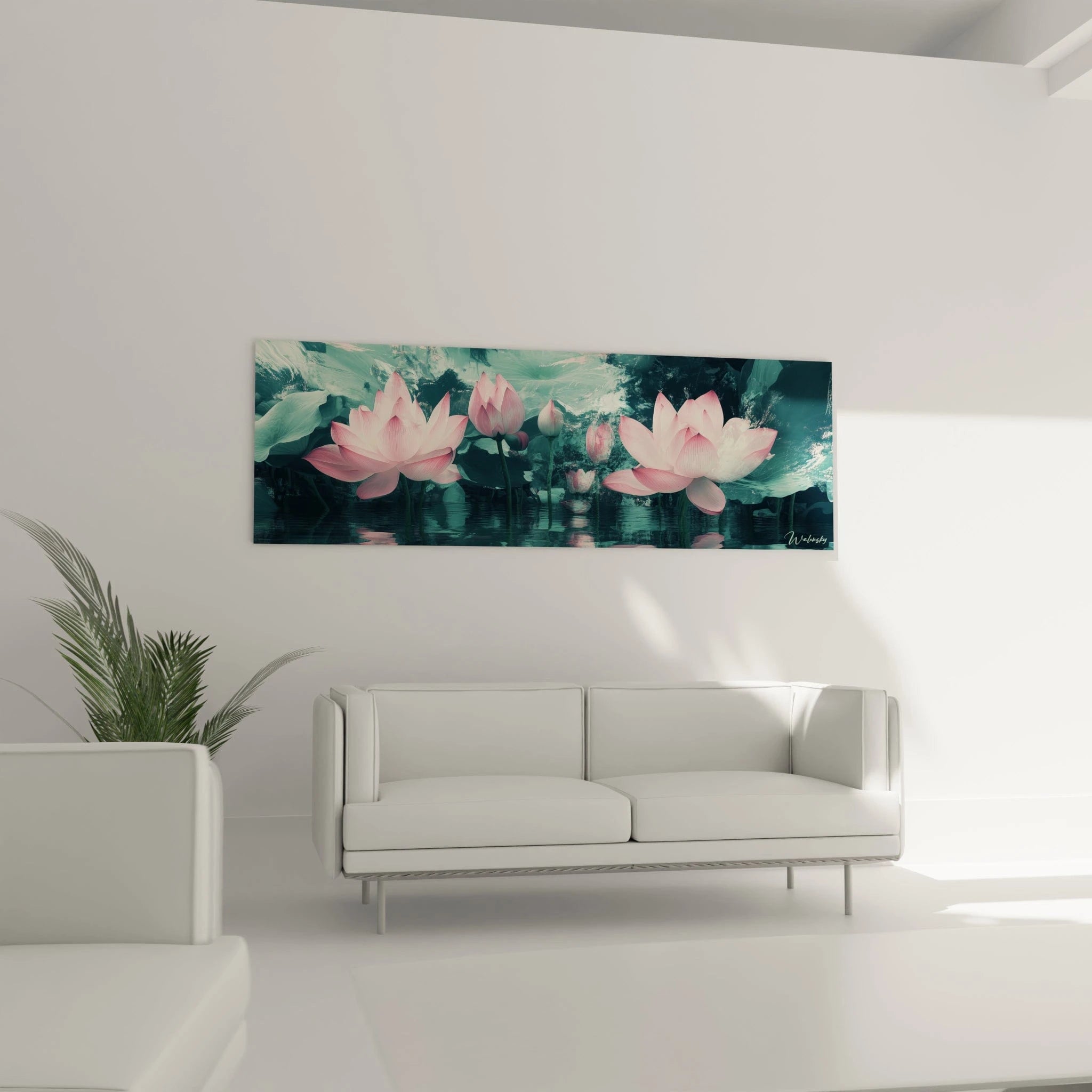 Un tableau lotus zen présentant des fleurs rose nacré émergeant d'un plan d'eau aux reflets mystérieux, jouant sur la dualité des formes réelles et reflétées, les textures lisses des pétales contrastant avec les ondulations aquatiques turquoise.
