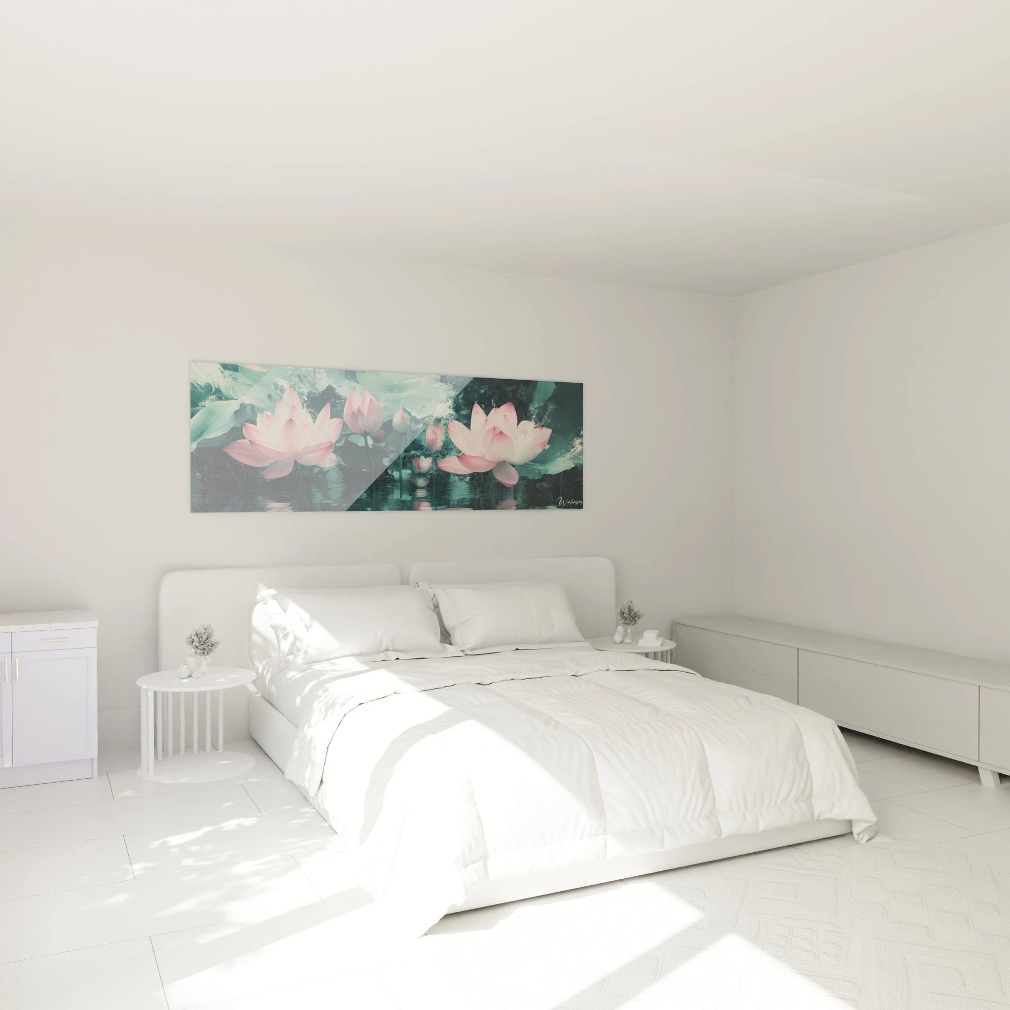 Un tableau lotus aquatique montrant trois fleurs roses à différents stades d'éclosion flottant sur une eau aux teintes turquoise et émeraude, captant l'effet miroir de la surface calme et les détails nervurés des pétales translucides.