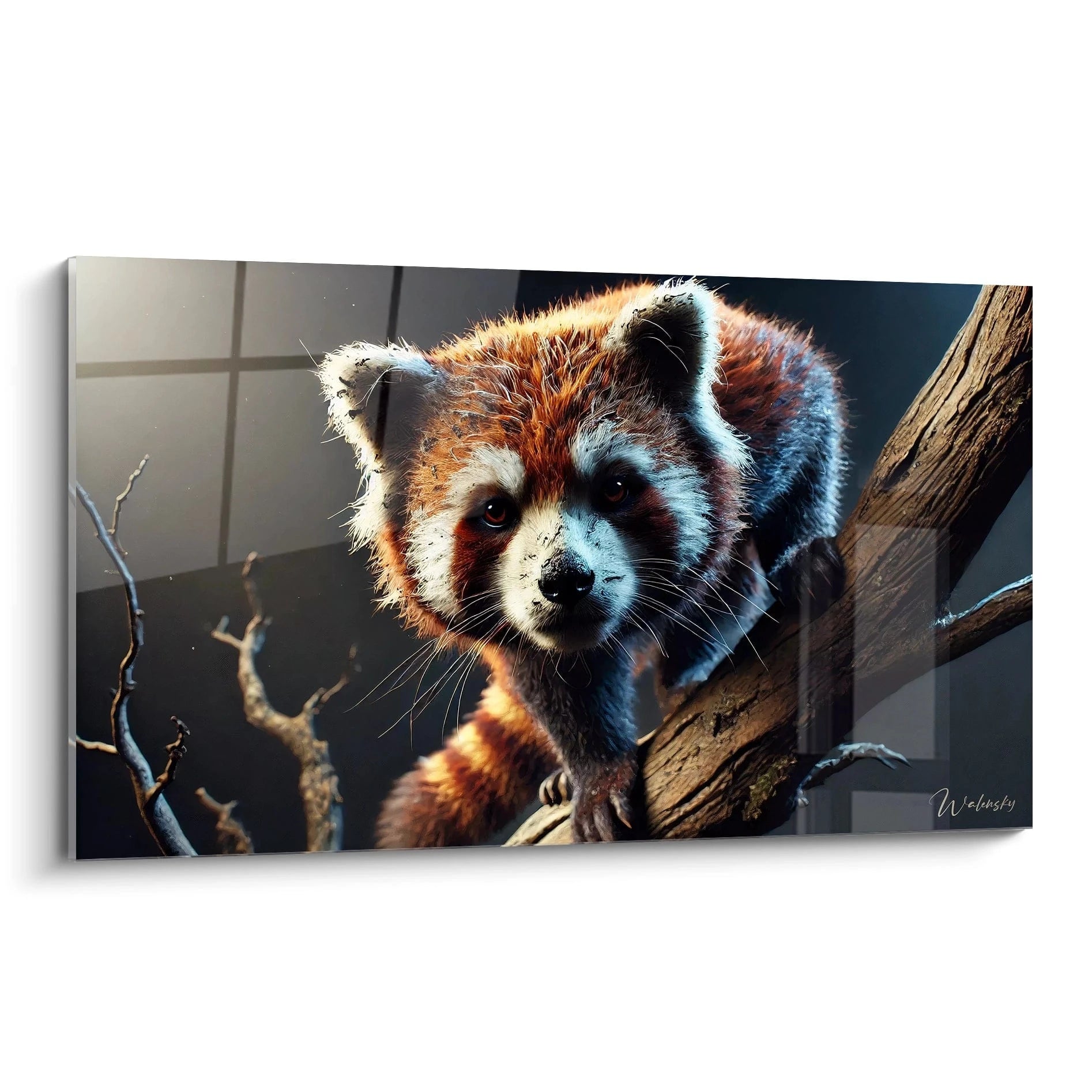 Tableau panda roux intense representant l'animal sur une branche. Vue de biais, capturez la connexion et la majeste de cet animal rare dans son environnement naturel. Ideal pour une decoration sauvage et immersive.