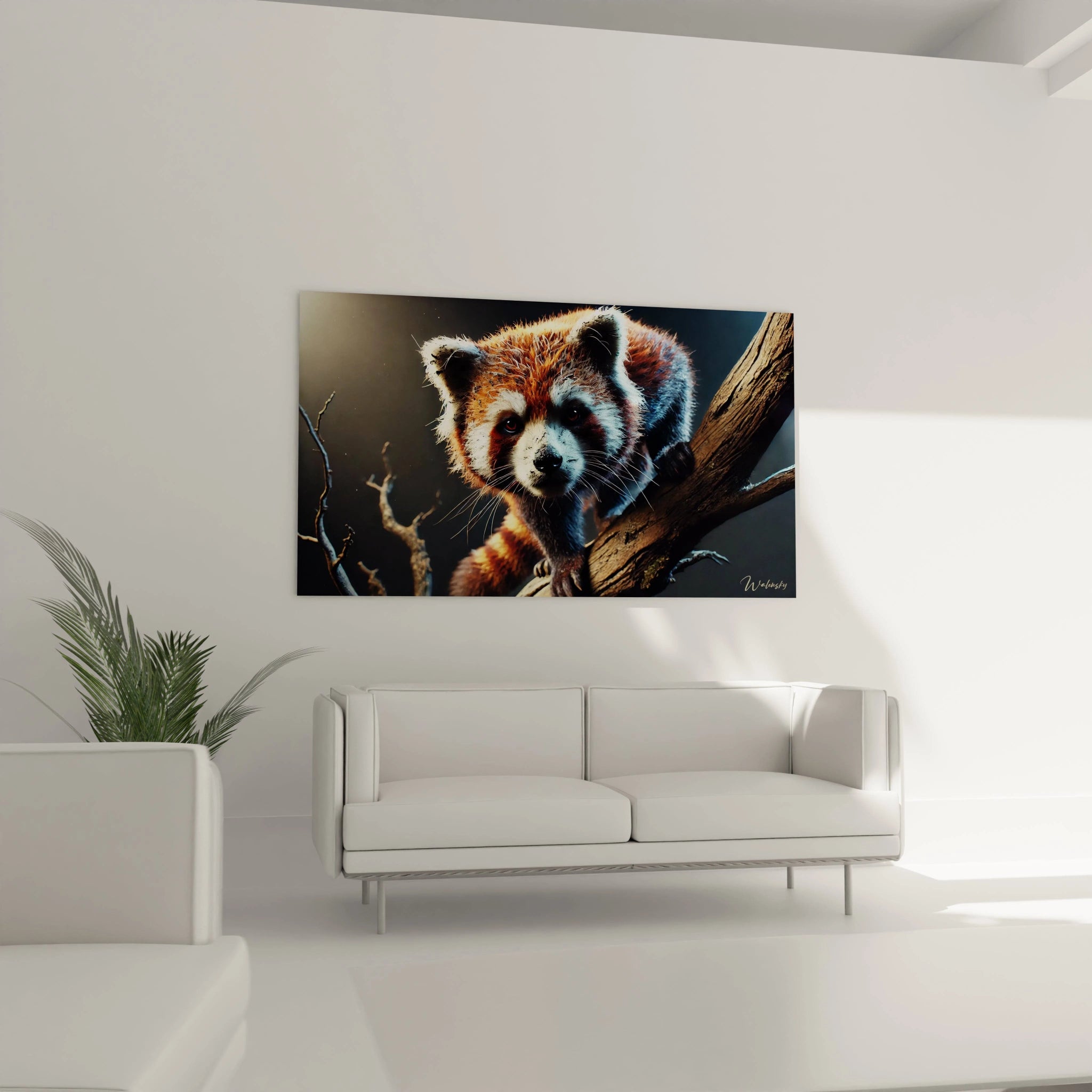 Tableau panda roux au-dessus d'un canape dans un salon. Ce tableau apporte chaleur et intensite avec ses nuances de rouge et d'orange, ideal pour une decoration qui evoque la nature sauvage et l'aventure.