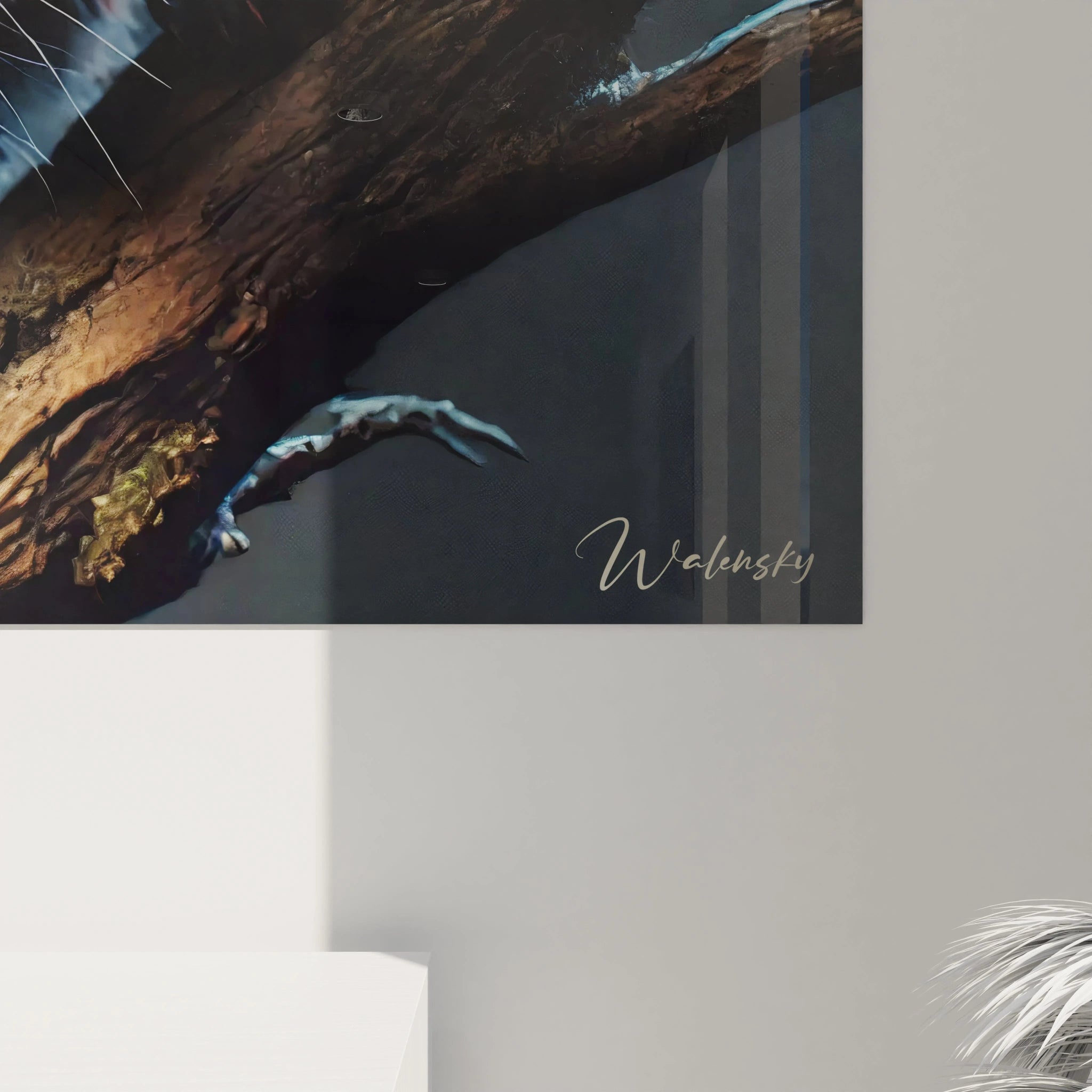 Gros plan du tableau panda roux, mettant en avant les details du pelage et de l'ecorce. Un rendu fascinant qui capture la texture et la curiosite de l'animal. Pour une immersion totale dans la nature.