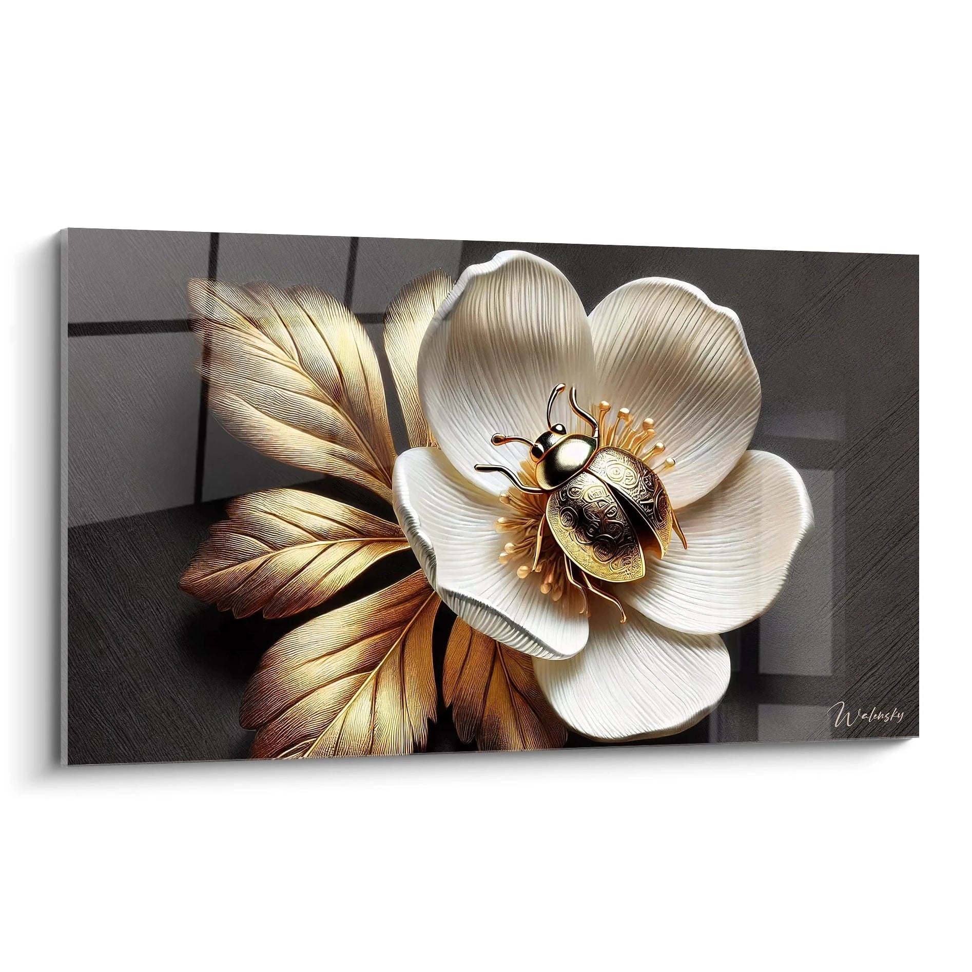 tableau coccinelle elegant vue de biais mettant en scene une coccinelle doree sur une fleur immaculee contraste subtil entre textures et couleurs parfait pour une decoration sophistiquee et moderne