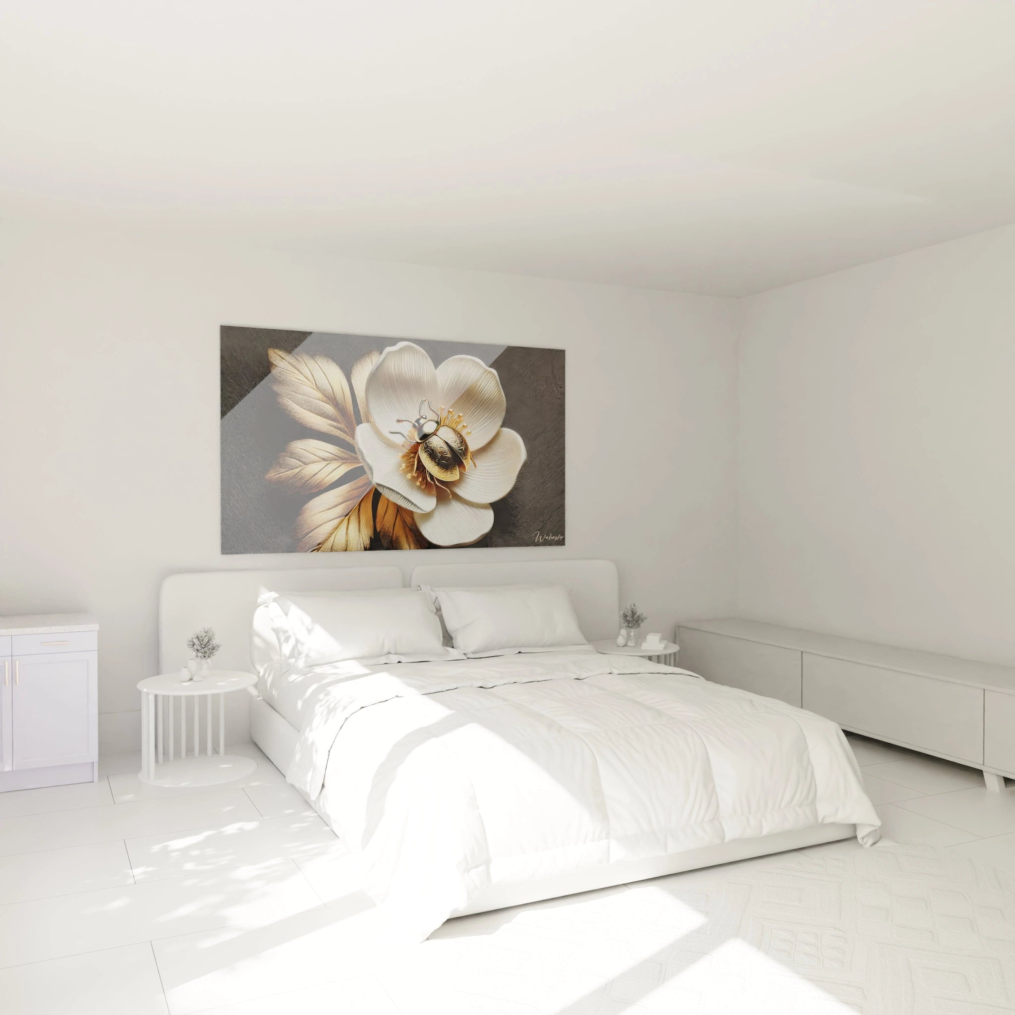 tableau coccinelle accroche au dessus du lit apporte serenite et raffinement dans une chambre ambiance delicate avec des tons or blanc et noir touche de luxe pour une decoration epuree