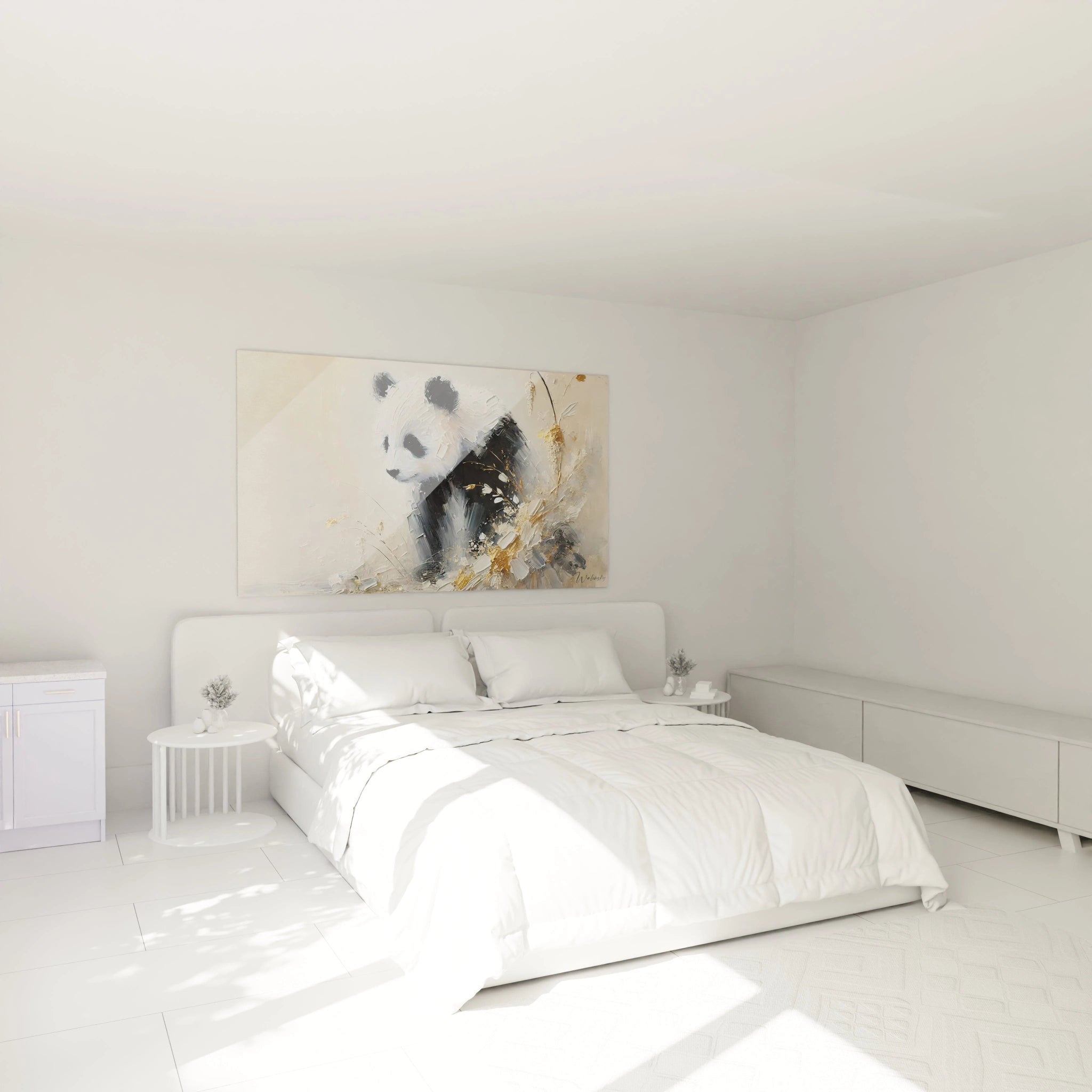 tableau panda geant suspendu au-dessus du lit, apportant une touche douce et apaisante a la chambre. Les couleurs neutres et les elements dorés creent une ambiance zen, parfaite pour la detente et la serenite