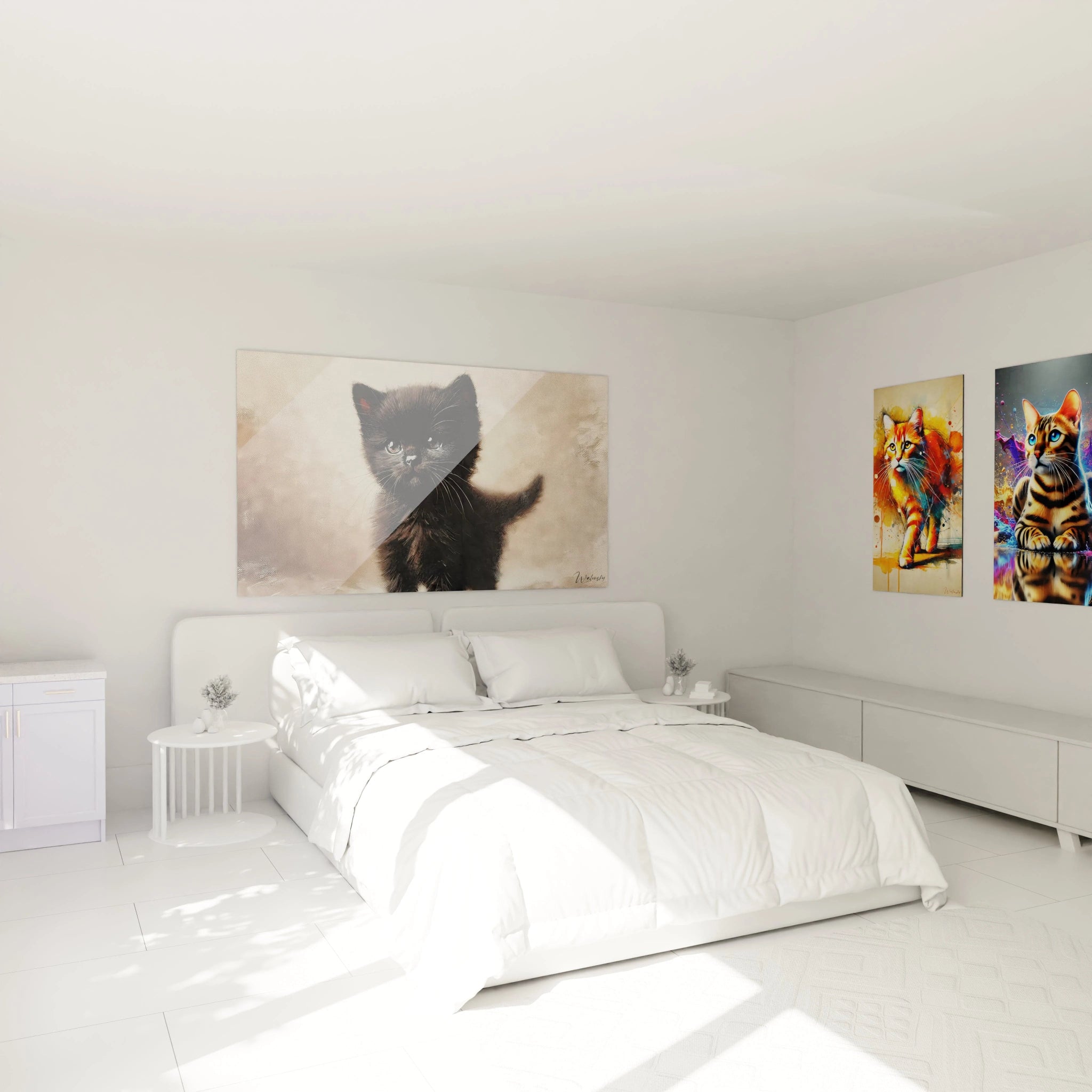 Ce tableau chat accroché au-dessus du lit crée une atmosphère apaisante. Avec son chaton noir adorable et son arrière-plan minimaliste, il est parfait pour une décoration de chambre sereine.