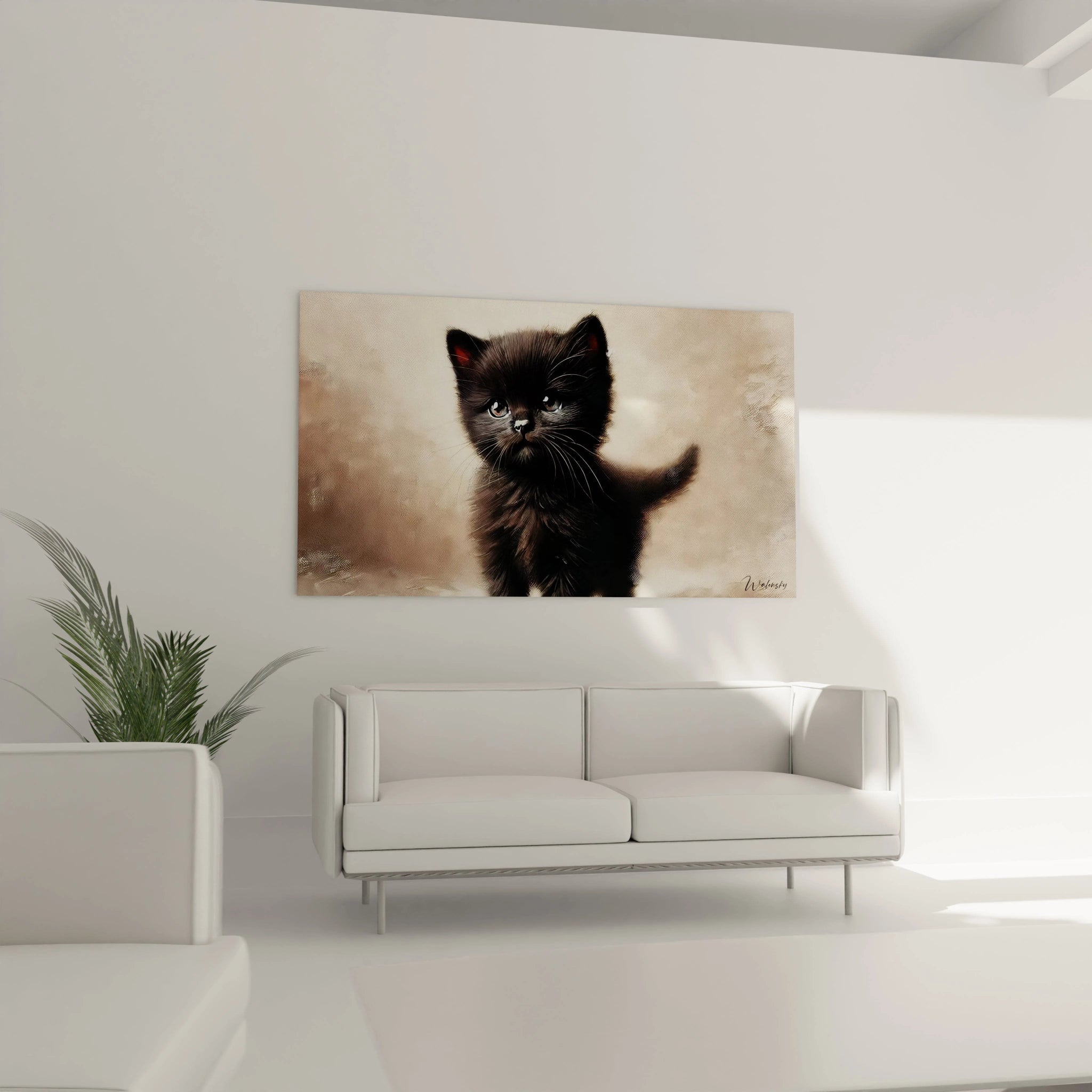 Transformez votre salon avec ce tableau chat au-dessus du canapé. L'expression tendre du chaton noir et la composition subtile ajoutent une touche de charme et de sophistication à votre espace.