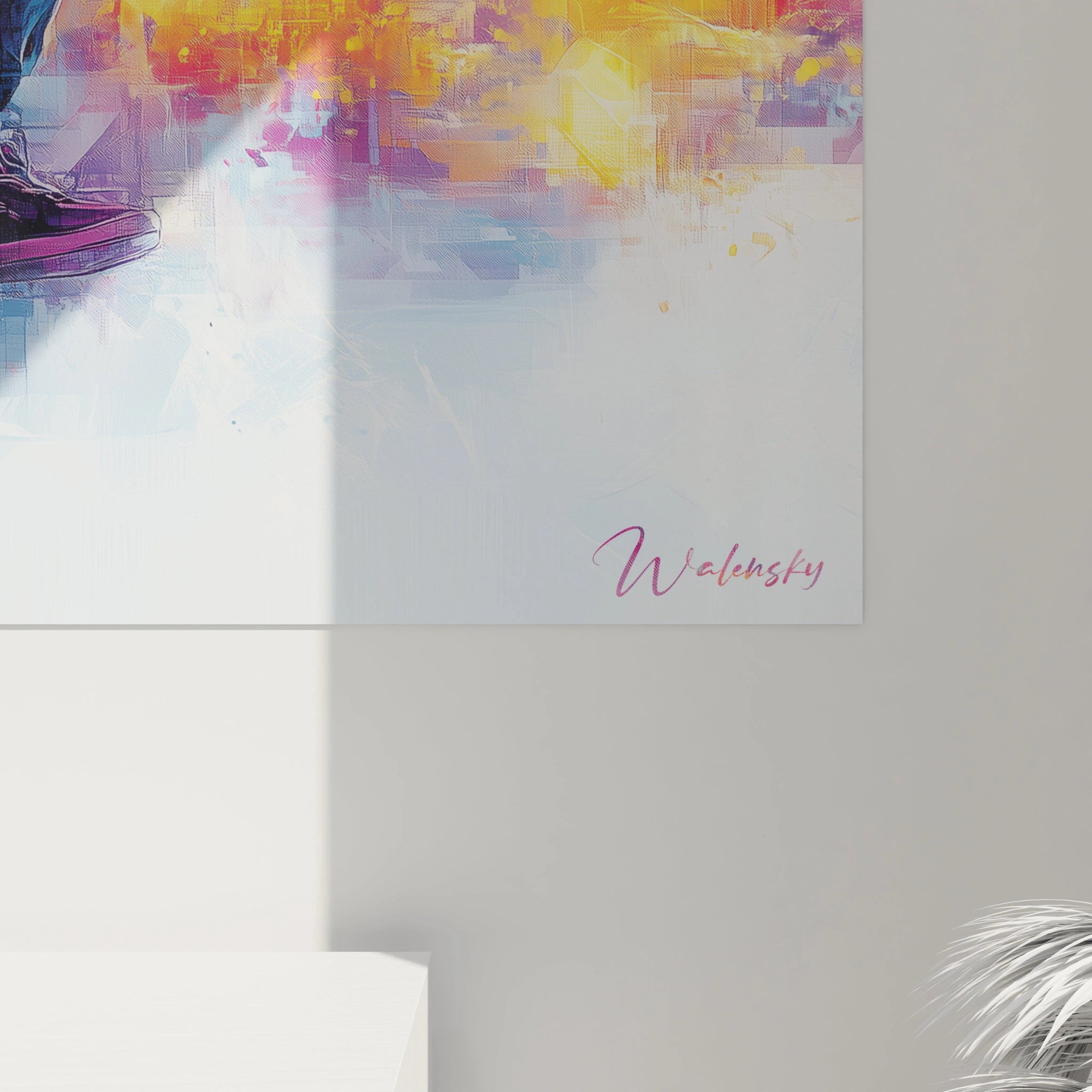 Un tableau artistique figurant un danseur urbain en pleine action, silhouette sombre aux reflets violets et bleus, se découpant sur un paysage citadin stylisé aux couleurs vives d'orange, de jaune et de blanc, avec des effets de flou et de fragmentation.