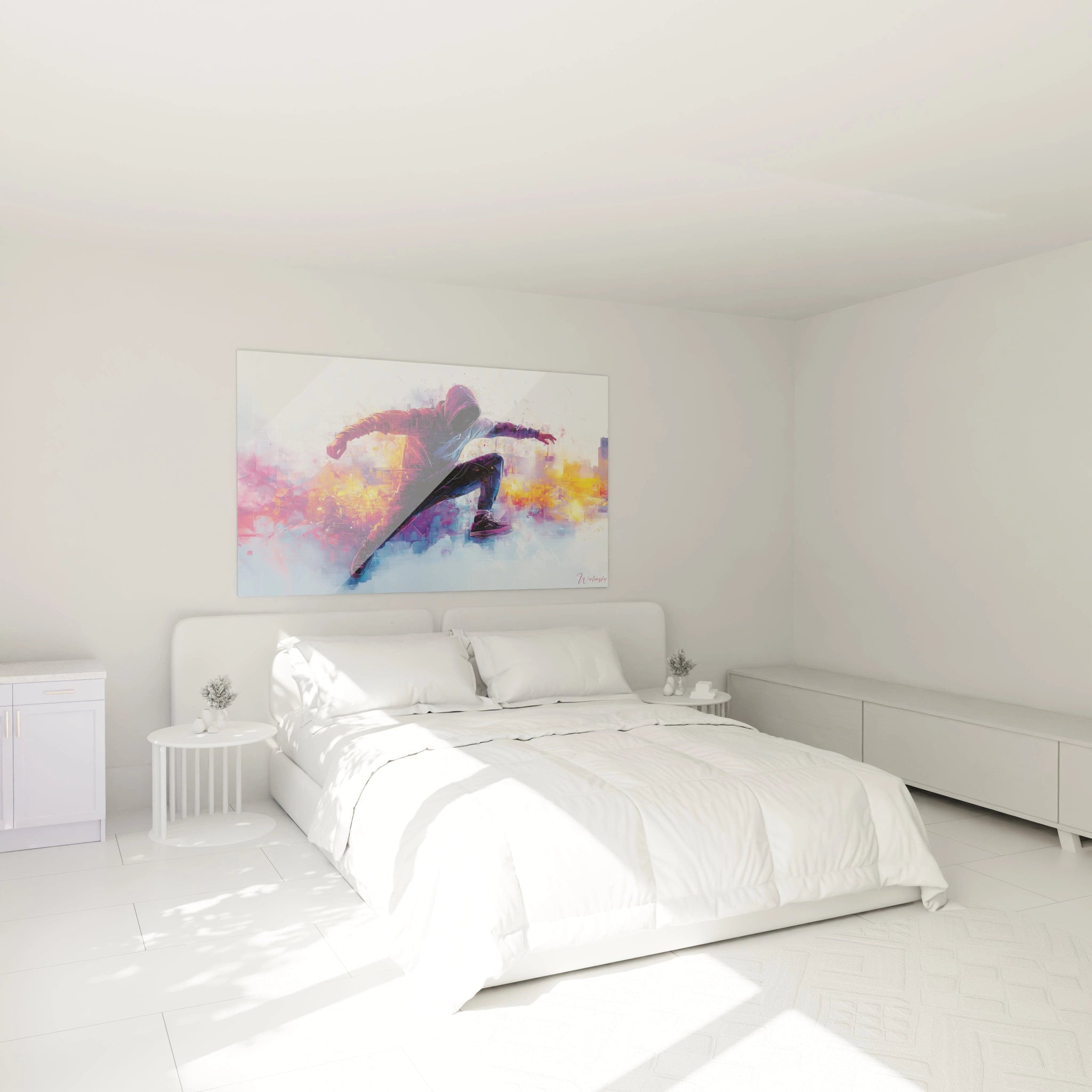 Un tableau urbain montrant un personnage anonyme en mouvement dynamique, vêtu d'une veste violette et d'un pantalon bleu, se détachant sur un arrière-plan abstrait aux couleurs chaudes évoquant une ville illuminée de néons.