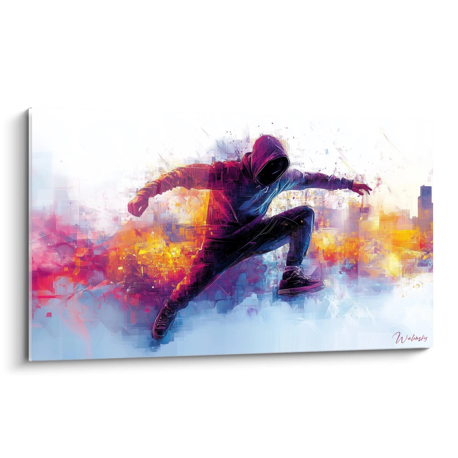 Un tableau street art représentant une silhouette encapuchonnée en plein saut de parkour, aux couleurs violettes et bleues sur un fond urbain flou aux teintes orangées et jaunes, avec des effets de peinture digitale fragmentée.
