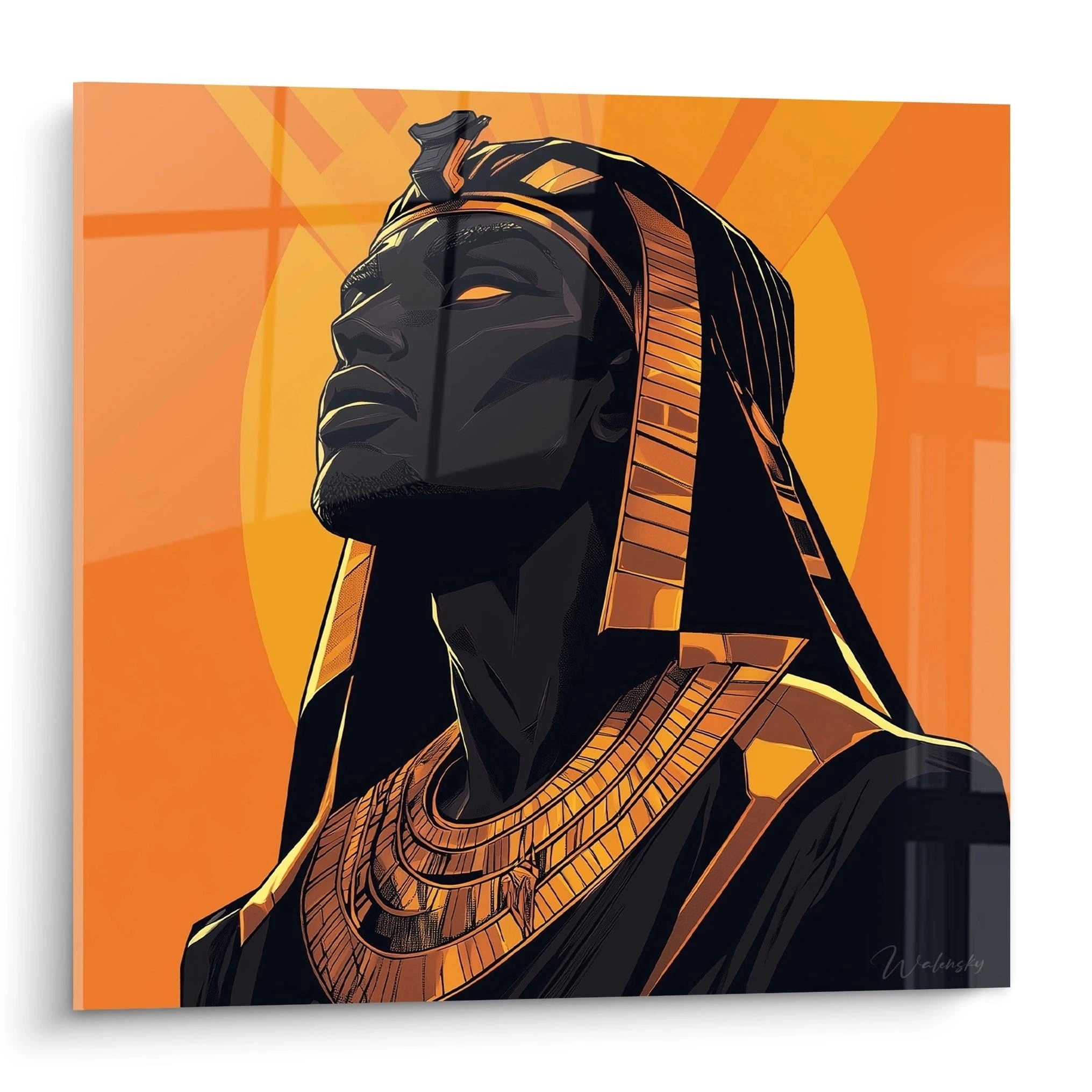 Tableau mural Egypte Walensky représentant un pharaon stylisé en noir et or sur fond orange