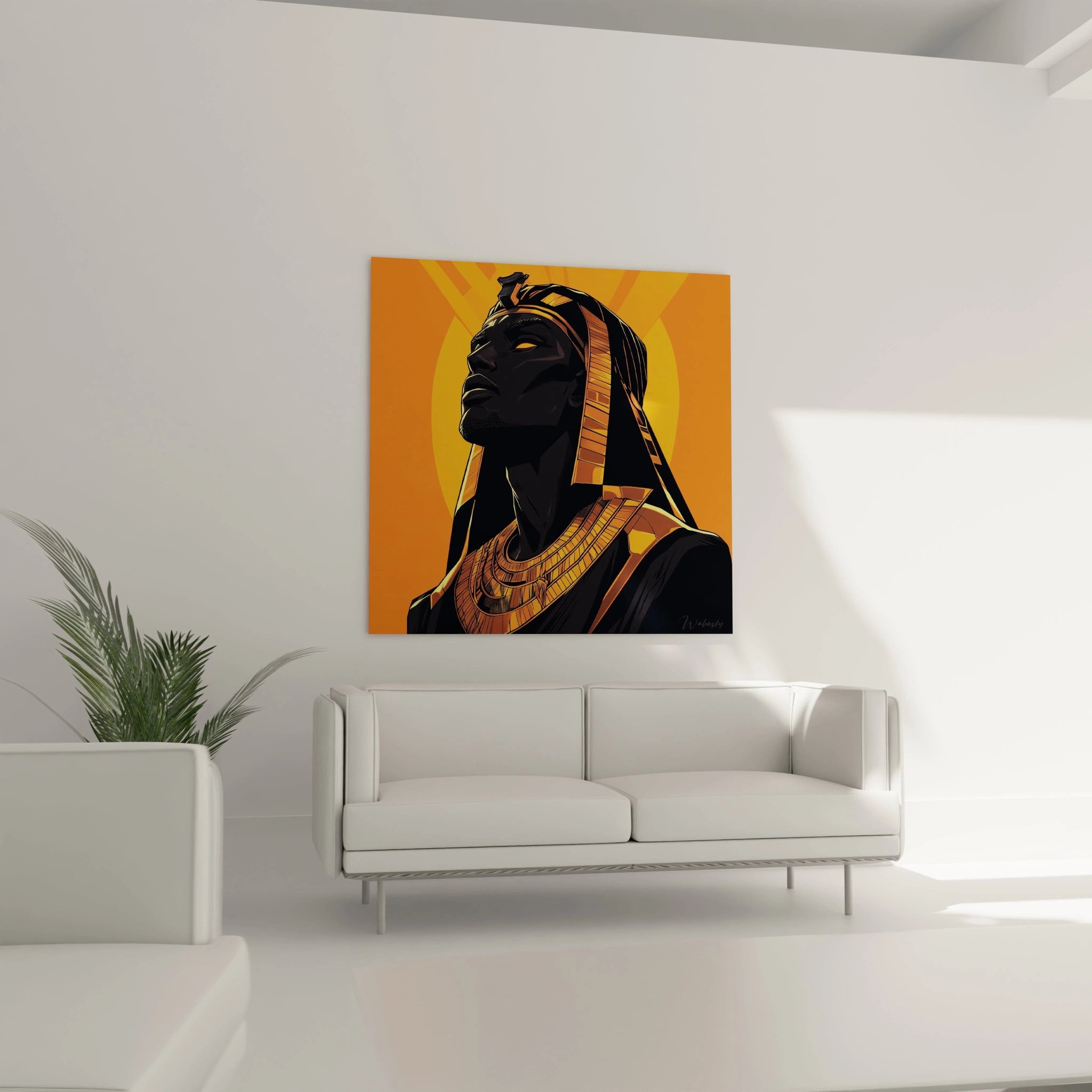 Tableau Egypte mural Walensky représentant un pharaon stylisé en noir et or sur fond orange