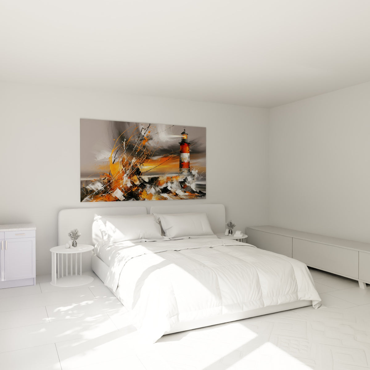 Tour de phare rouge dans une explosion orange et grise, au-dessus d'un lit dans une chambre claire