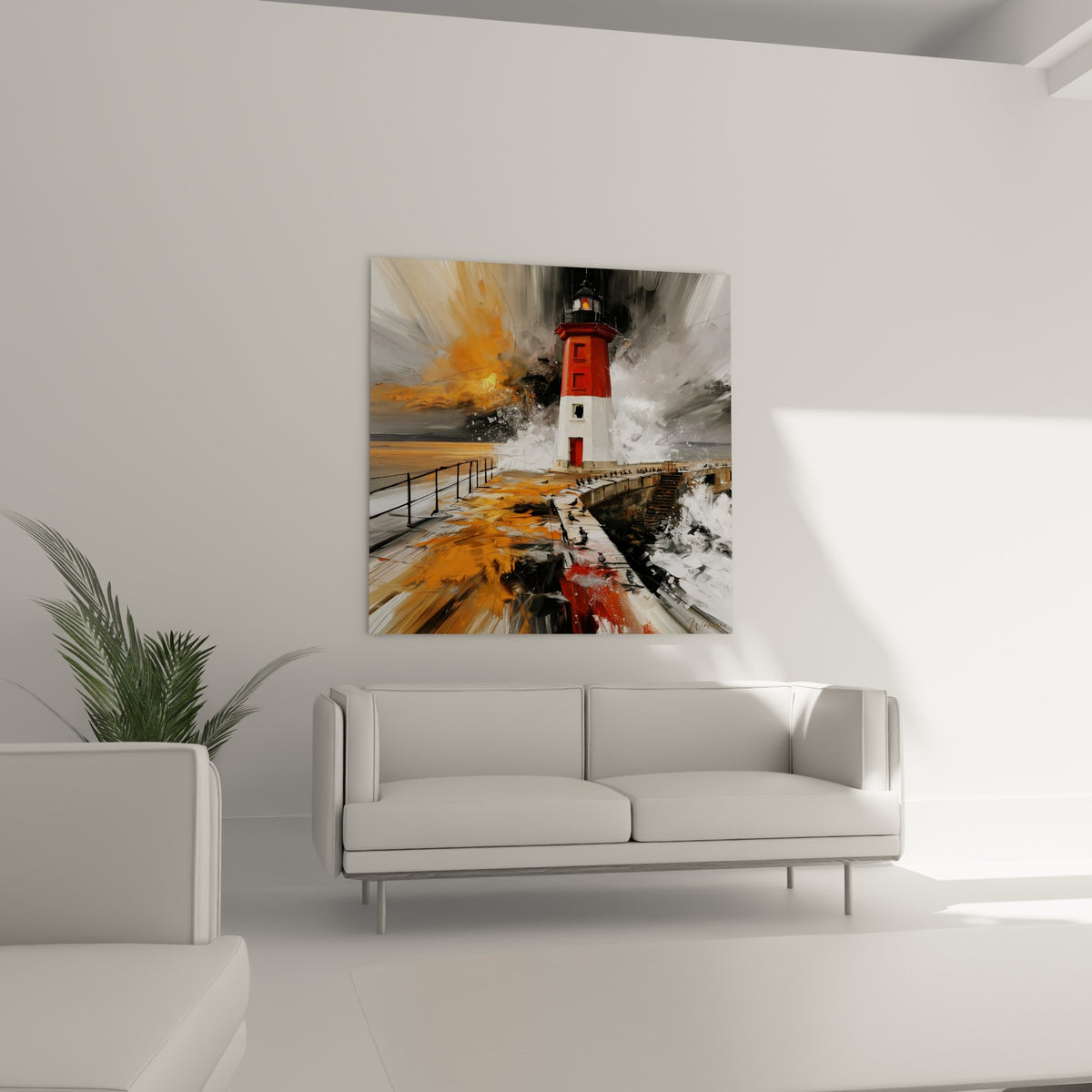 Vagues blanches et ciel orangé entourant un phare rouge et blanc, au-dessus d'un canapé dans un salon lumineux