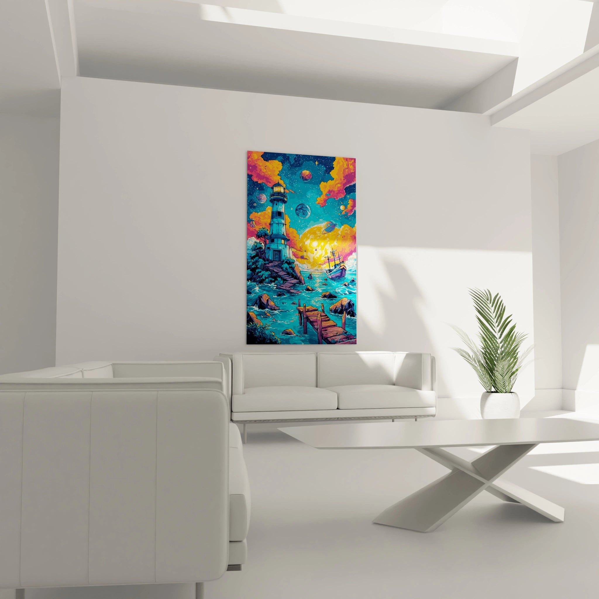Gros plan détails tableau phare turquoise avec nuages orangés style bande dessiné