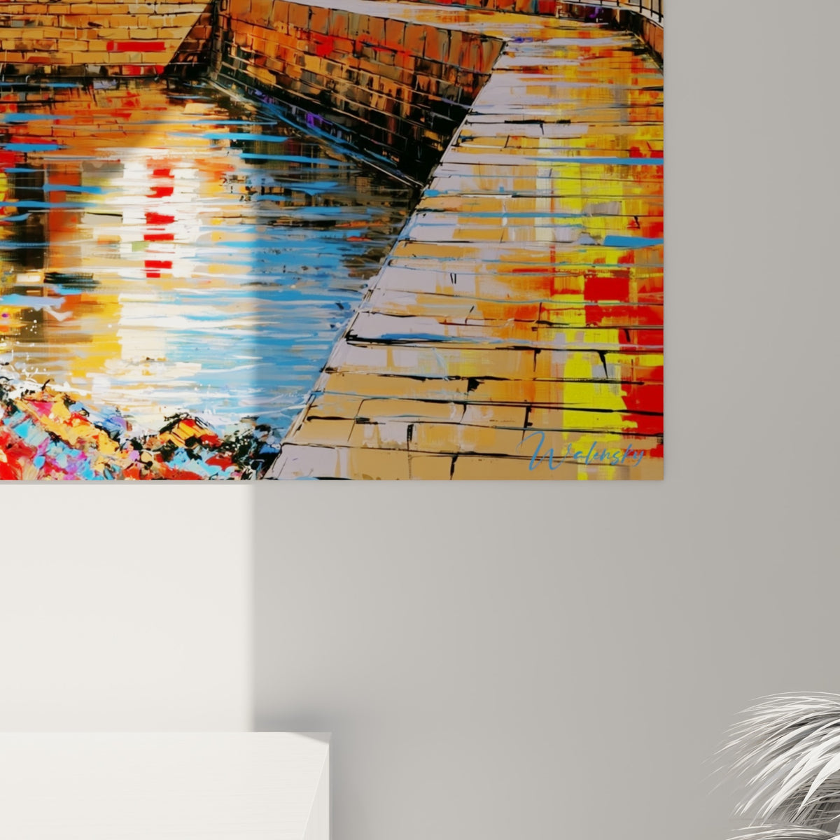 Empâtements orangés et coulures rouges se mêlant au grain de la toile près du sommet du phare