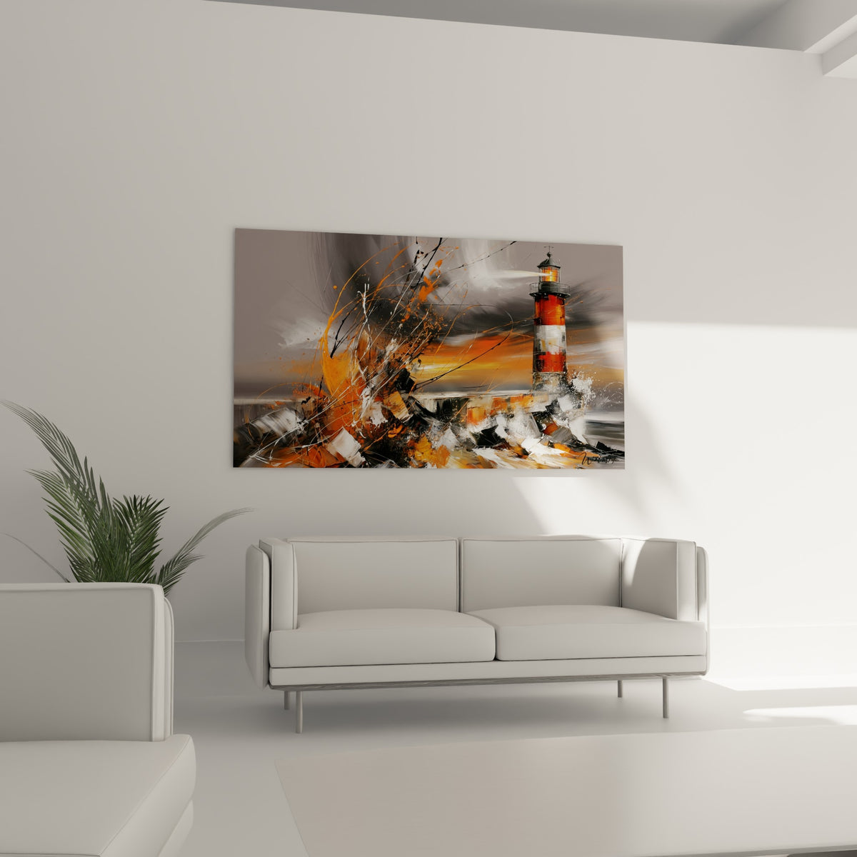 Silhouette du phare blanc et rouge face aux vagues orange, au-dessus d'un canapé dans un salon lumineux
