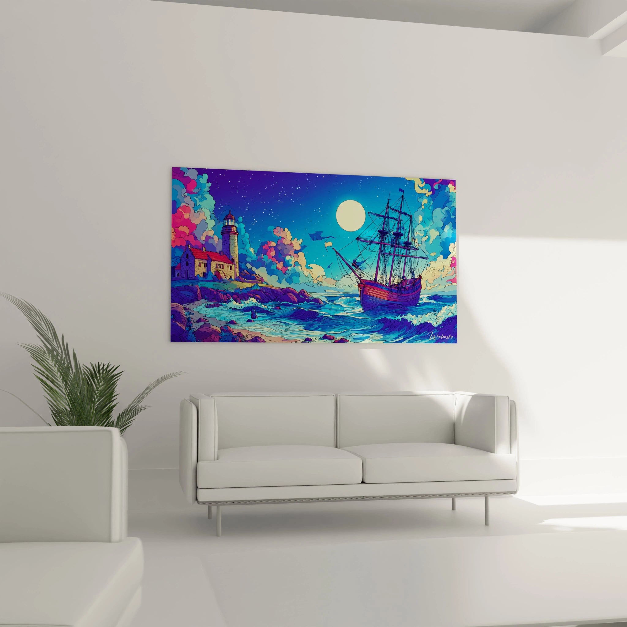 Gros plan tableau navire à voiles et phare bande dessinée détails artistiques couleurs vives nocturne
