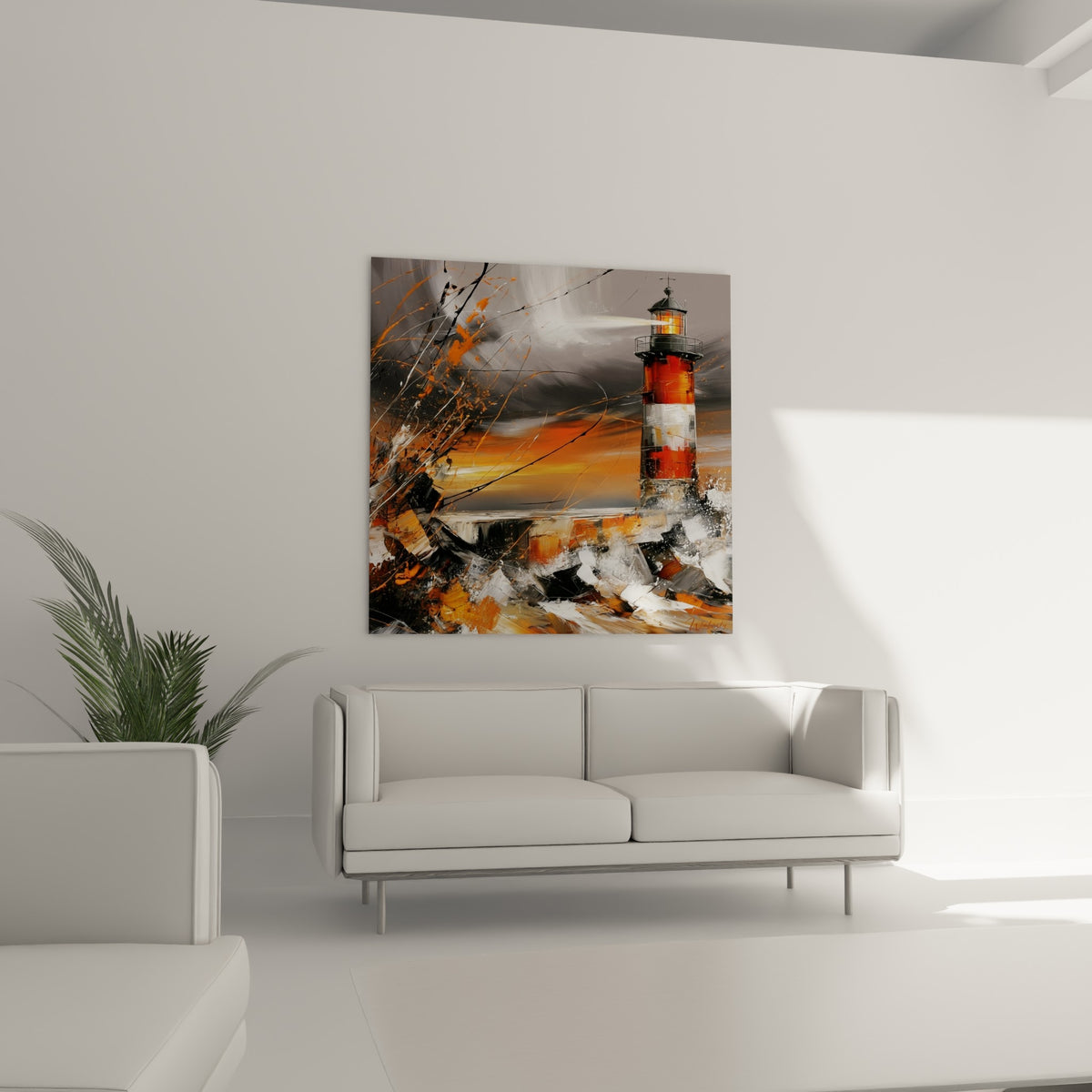 Faisceau lumineux jaune traversant un ciel orangé, au-dessus d'un canapé dans un salon lumineux