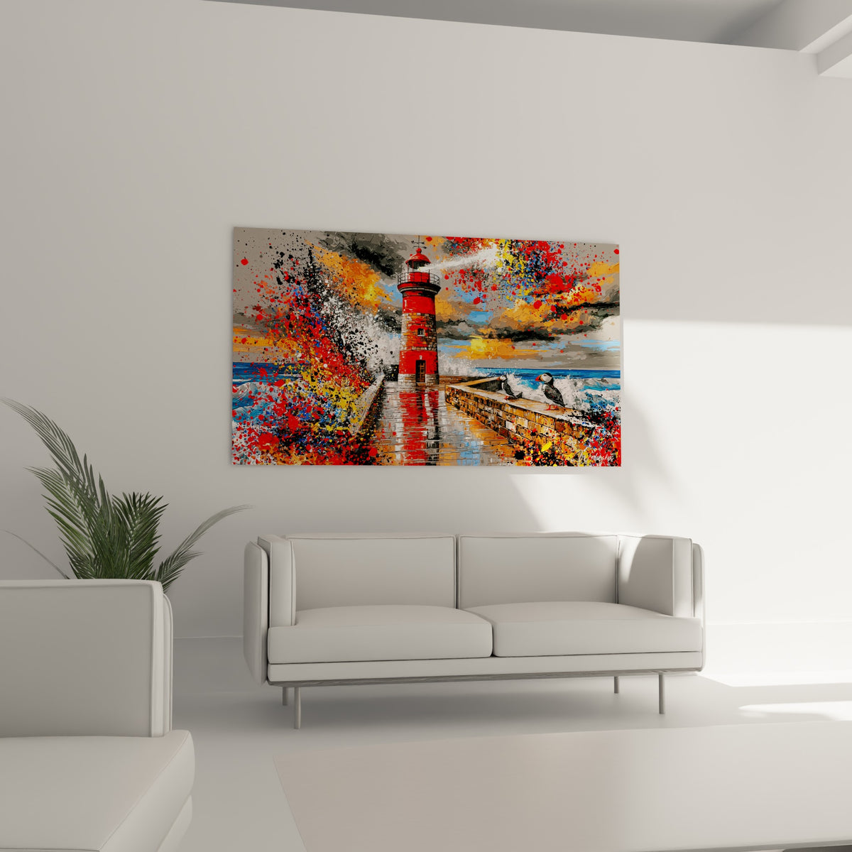 Faisceau lumineux traversant un ciel orange et gris depuis un phare rouge, au-dessus d'un canapé dans un salon lumineux