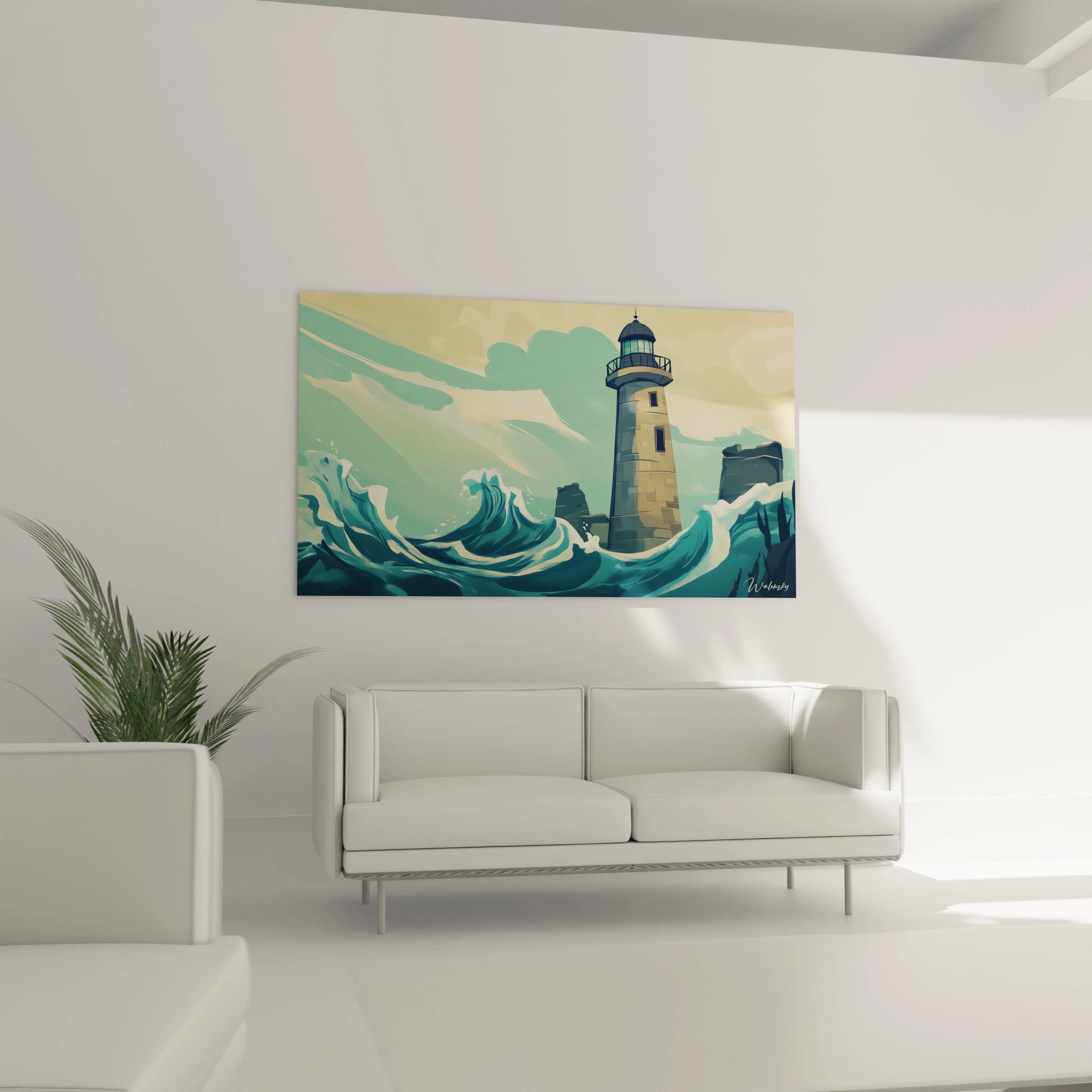Un tableau côtier stylisé figurant un phare solitaire résistant à de puissantes vagues turquoise, aux lignes épurées et aux contrastes marqués entre les bleus profonds de l'eau et les tons beiges de la structure.