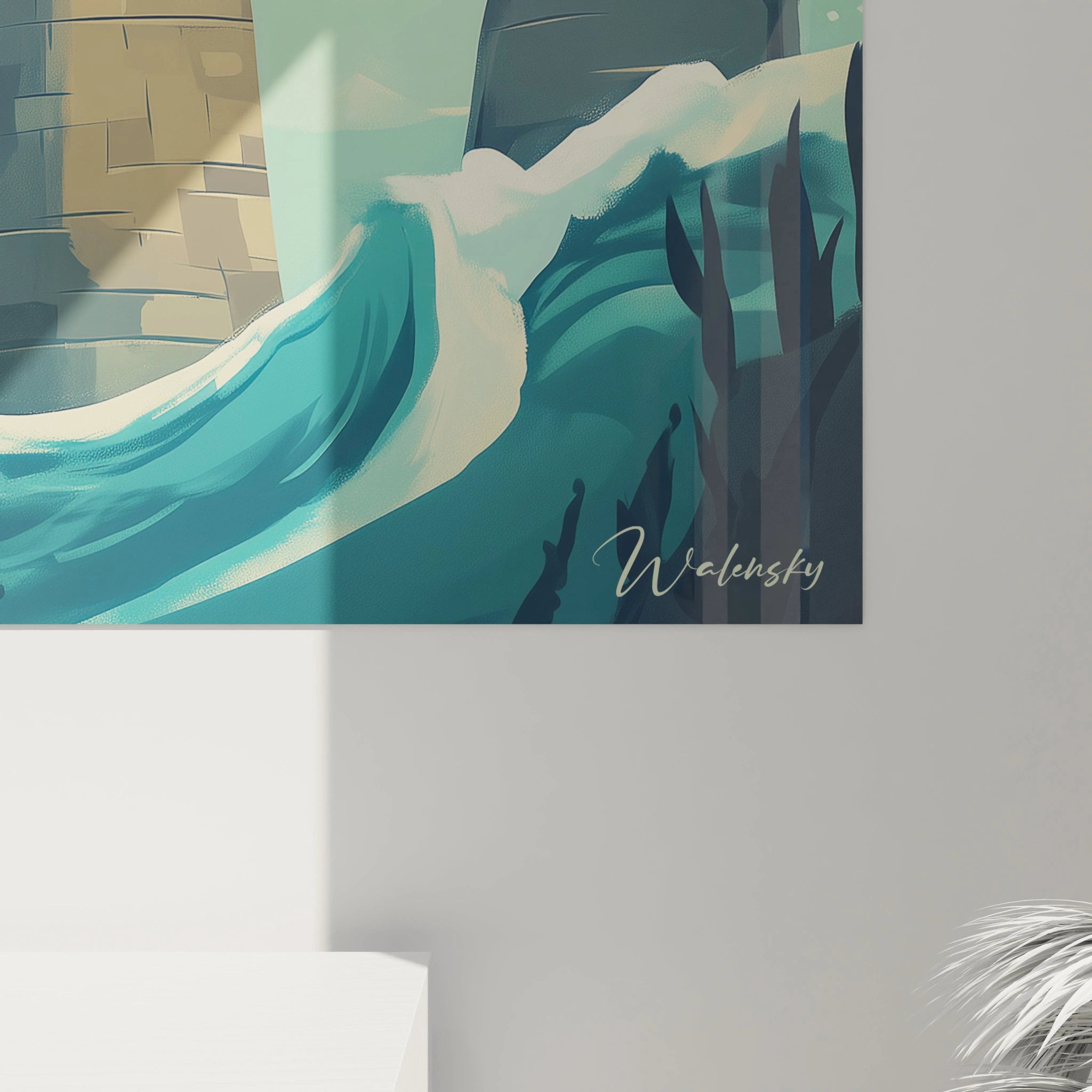 Un tableau phare illustrant une scène marine épurée avec une tour de pierre beige encerclée par des vagues turquoise stylisées et écumantes, utilisant des aplats de couleur et des formes simplifiées pour un effet contemporain.