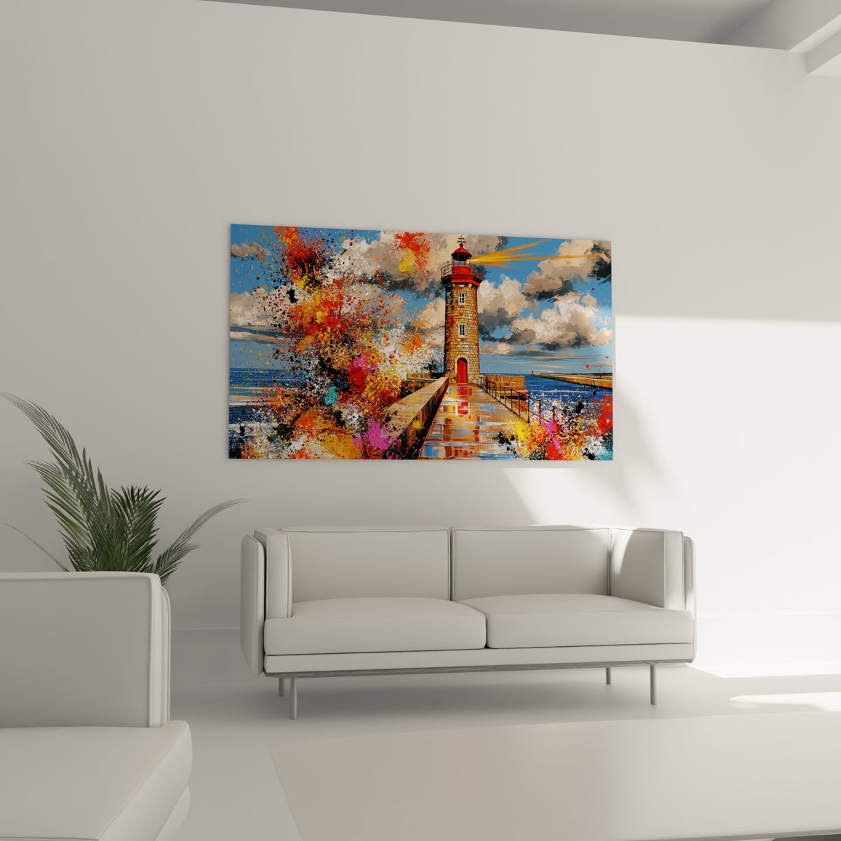 Lanternon rouge et rayon lumineux doré sur fond de nuages gris, au-dessus d'un canapé dans un salon lumineux