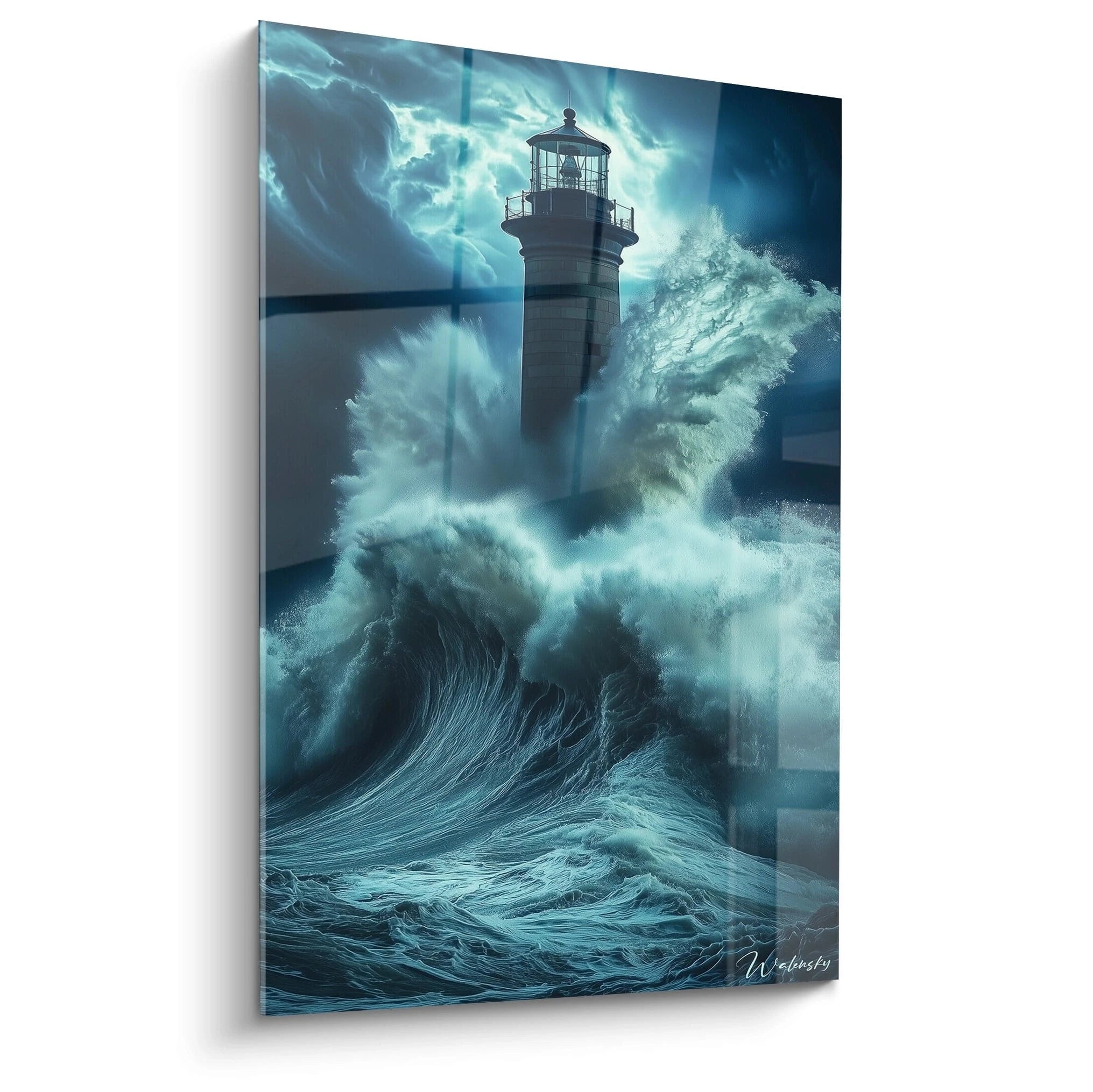 Un tableau phare représentant une tour cylindrique en pierre, entourée de vagues en mouvement. Les teintes dominantes sont le bleu profond, le noir et le blanc, avec des textures lisses et dynamiques.