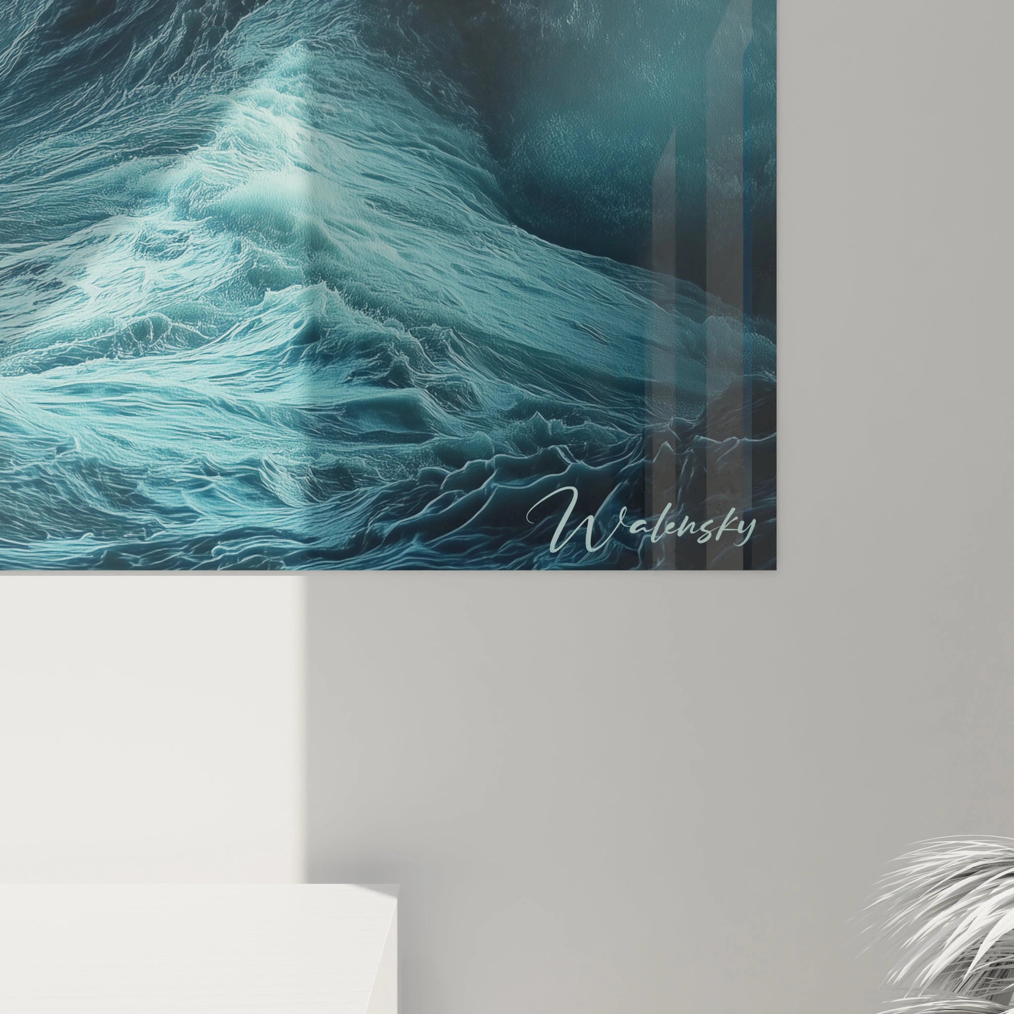 Un tableau phare montrant une structure haute et sombre au milieu d’une tempête océanique. Les nuances de bleu foncé, de noir et de blanc dominent, avec des effets de vagues détaillés et dynamiques.