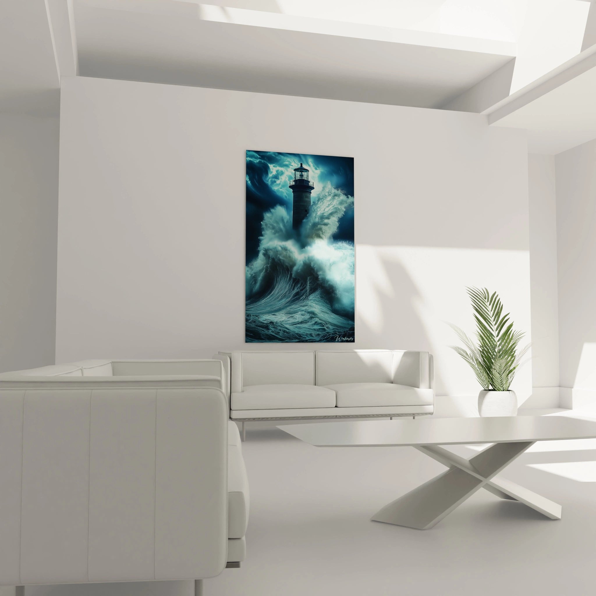 Un tableau phare mettant en scène un phare central, éclipsé par des vagues imposantes. La palette repose sur du bleu marin, du gris et du blanc, avec des textures réalistes et des jeux de lumière marqués.