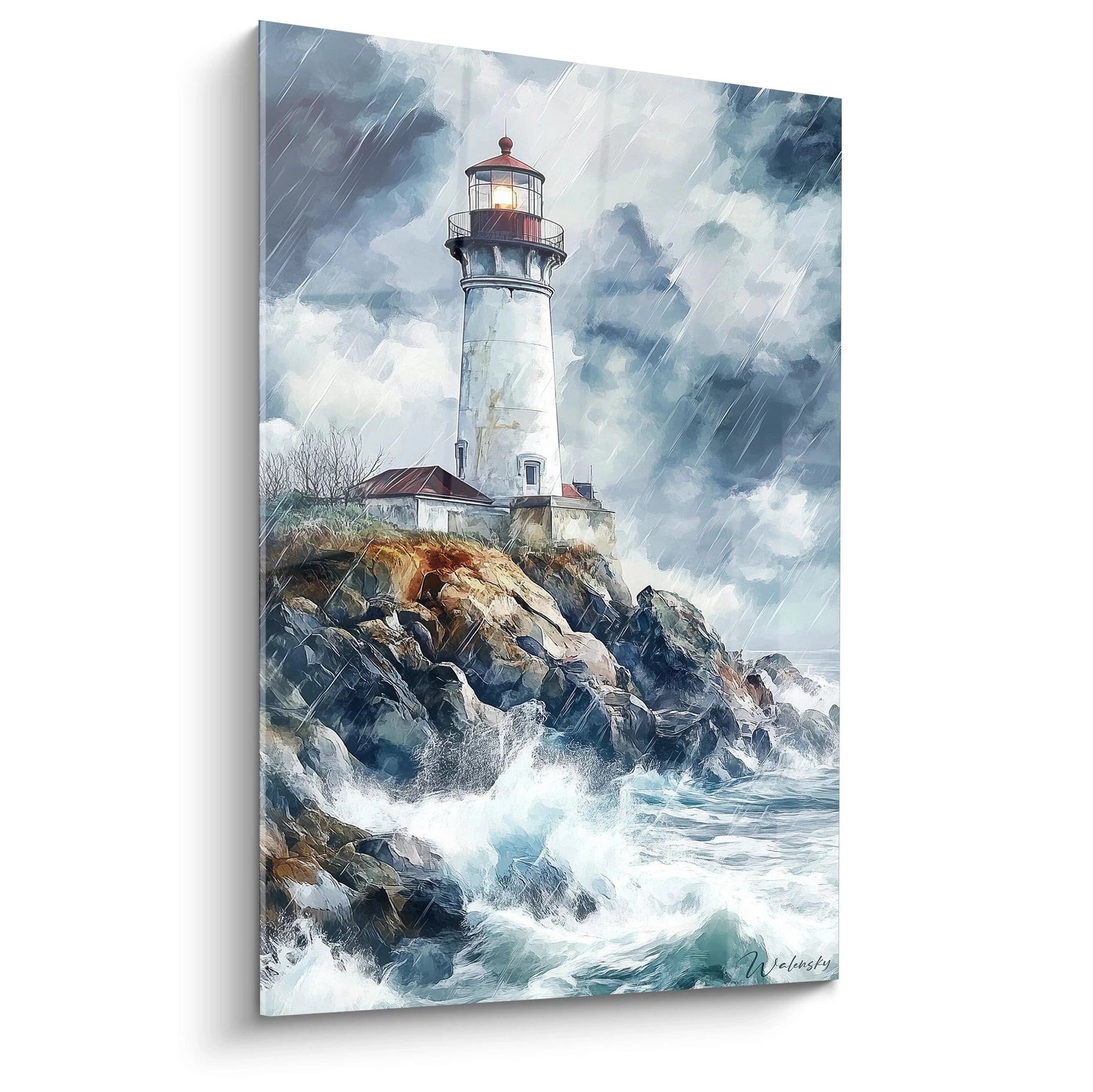 Un tableau phare représentant un phare blanc et rouge sur une falaise rocheuse, sous une tempête. Les vagues bleues et blanches s’écrasent sur les rochers, avec un ciel nuageux et des effets de pluie.